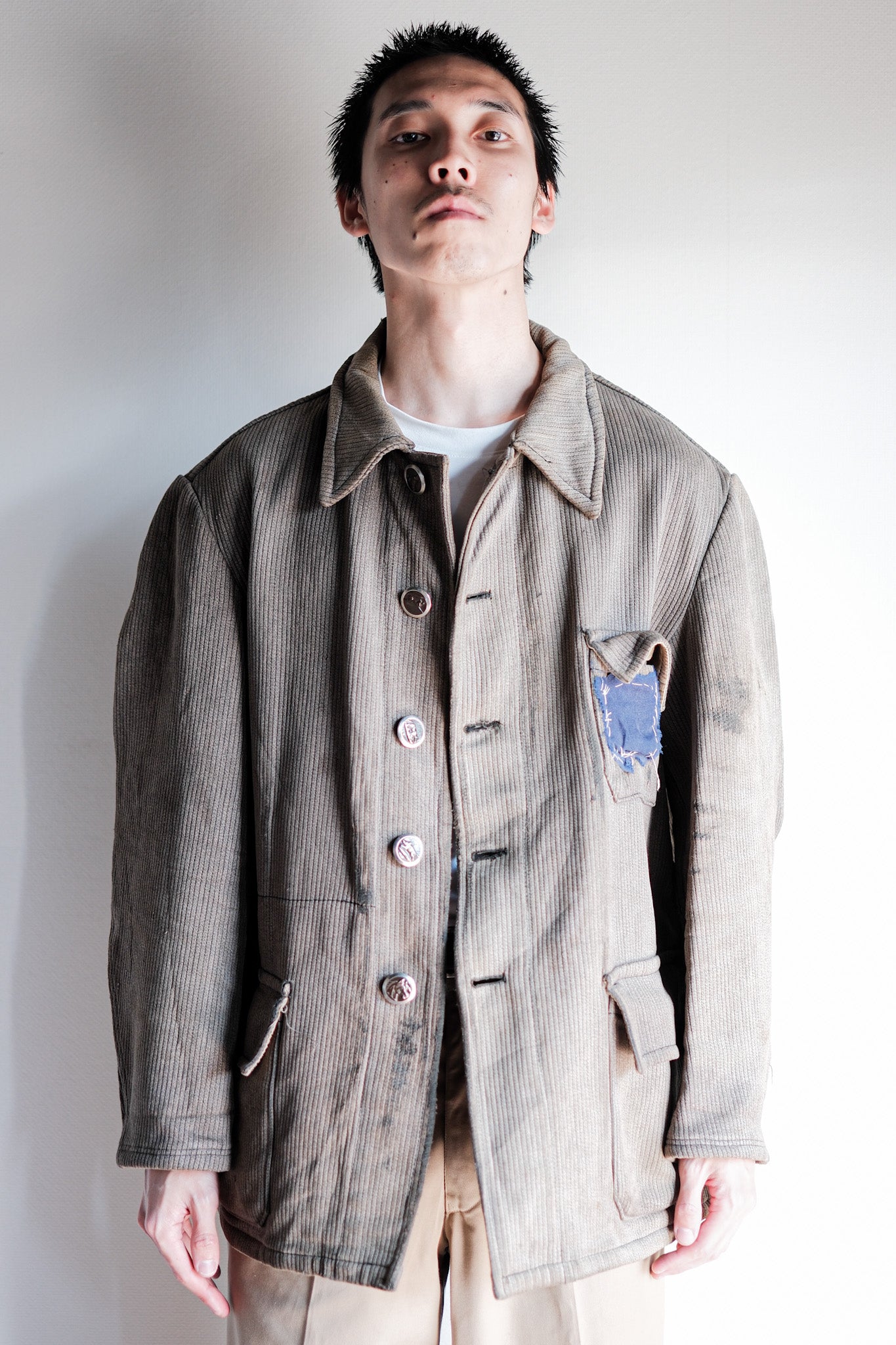 【~60's】French Vintage Brown Gray Cotton Pique Hunting Jacket Size.46