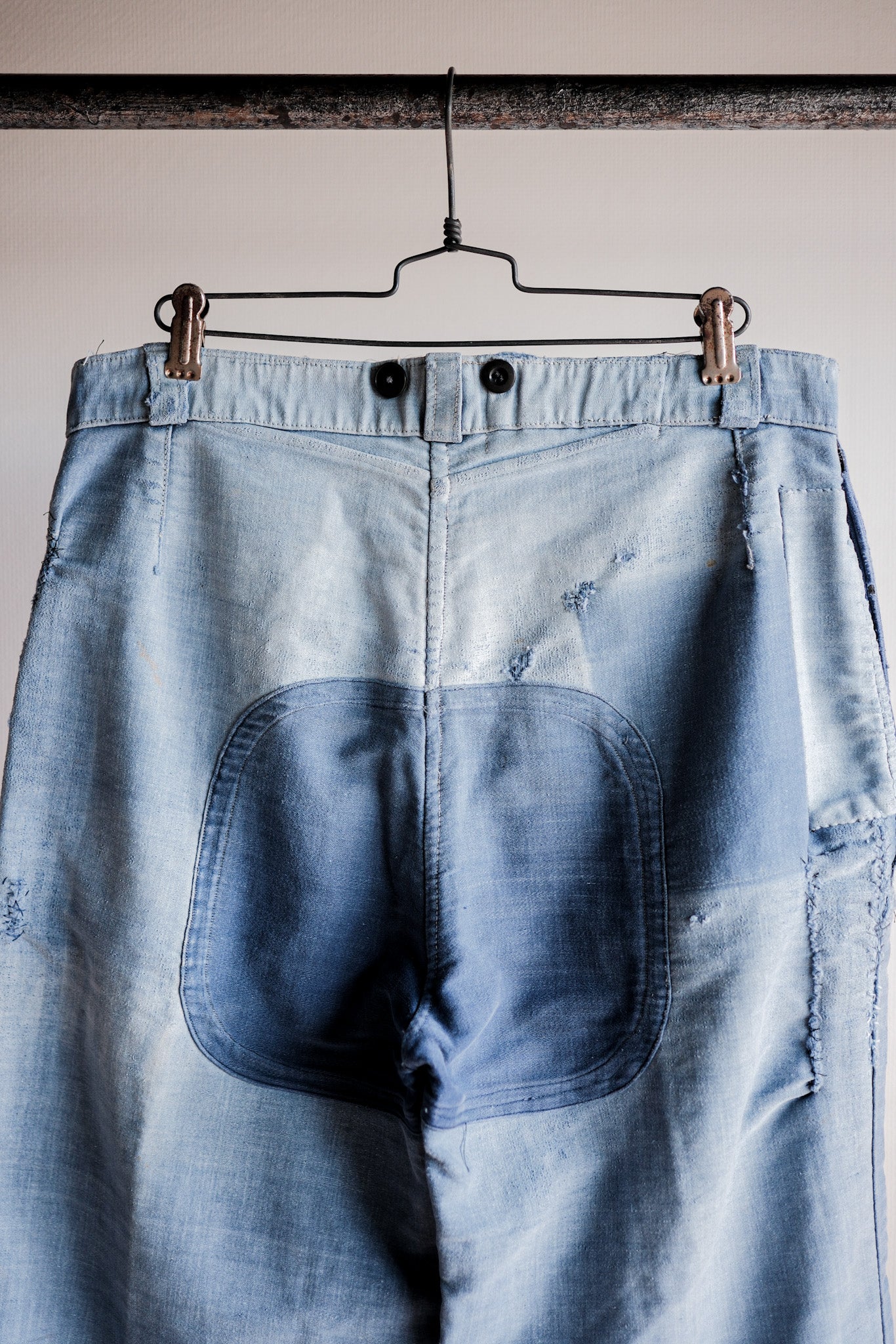 【~40's】French Vintage Blue Moleskin Work Pants "Patchwork" "Le Mont St. Michel"