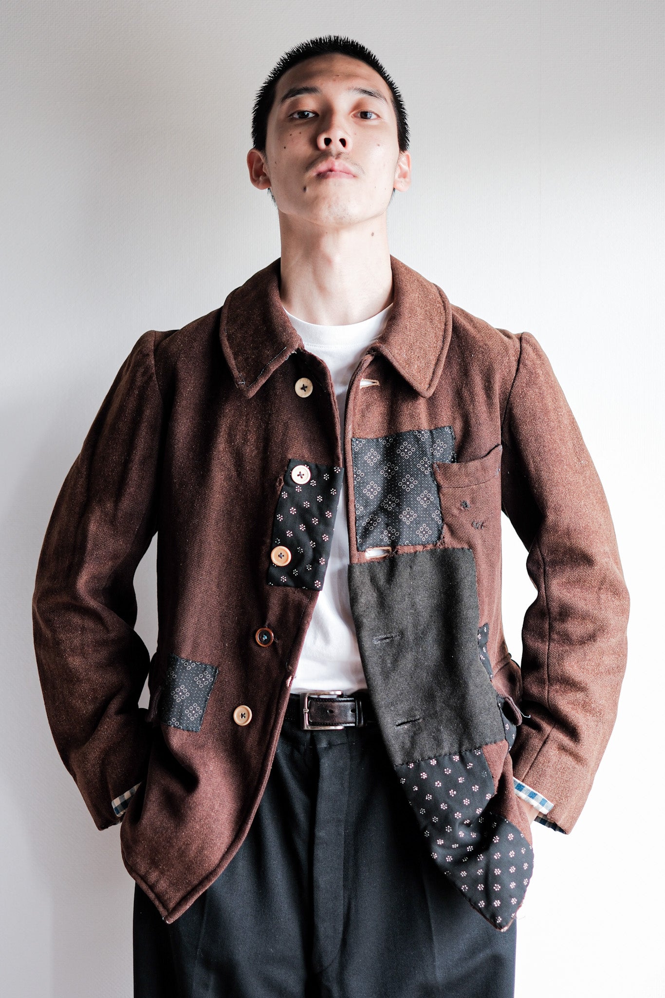 【~20's】French Vintage Brown Wool Work Jacket "Patchwork"