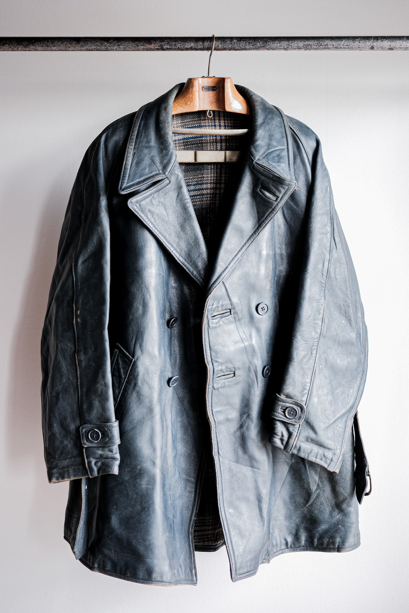 ［~50's］French Vintage Double Breasted Leather Work Coat With Chin Strap