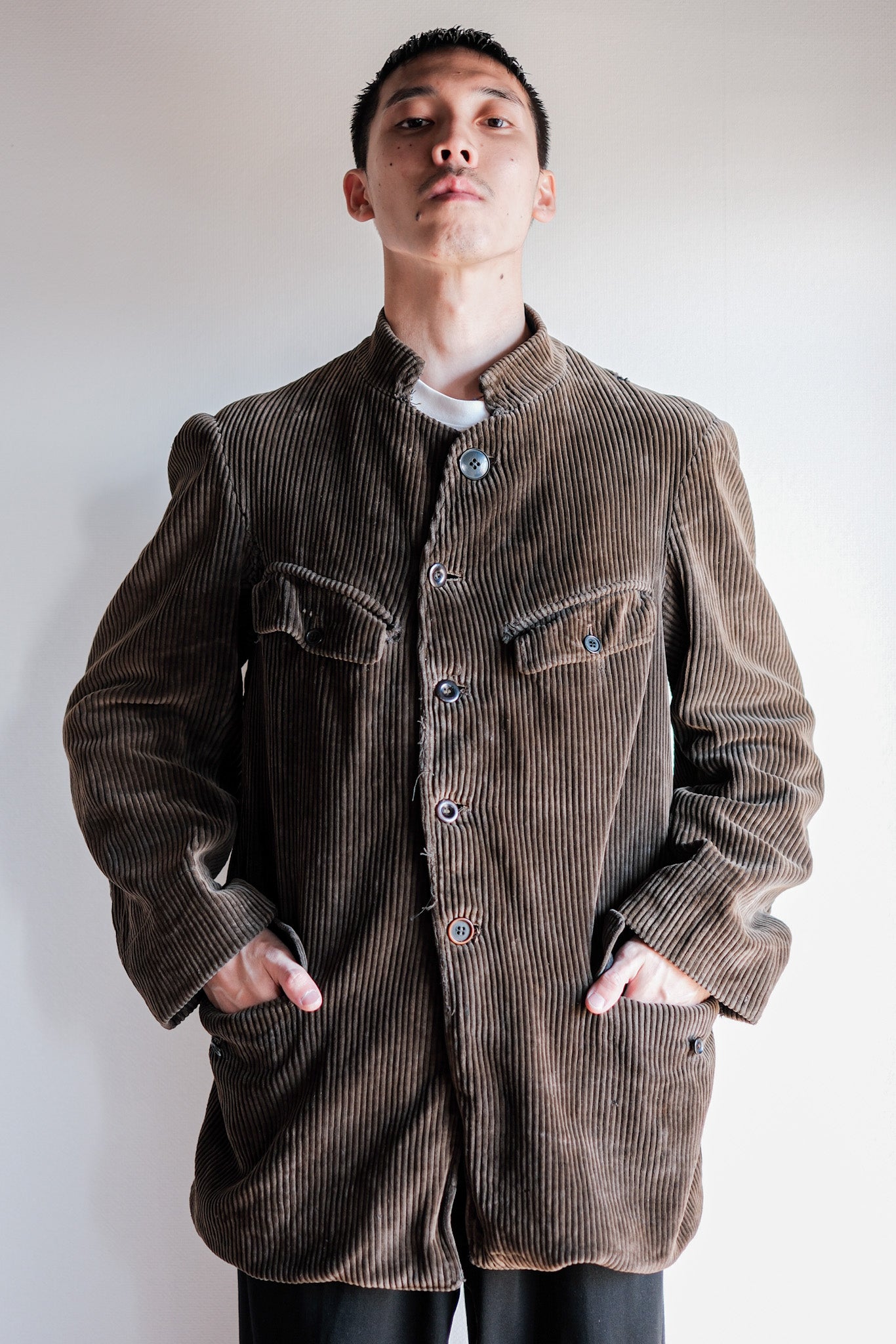 【~30’s】French Vintage Brown Corduroy Stand Collar Work Jacket "Unusual Pattern"