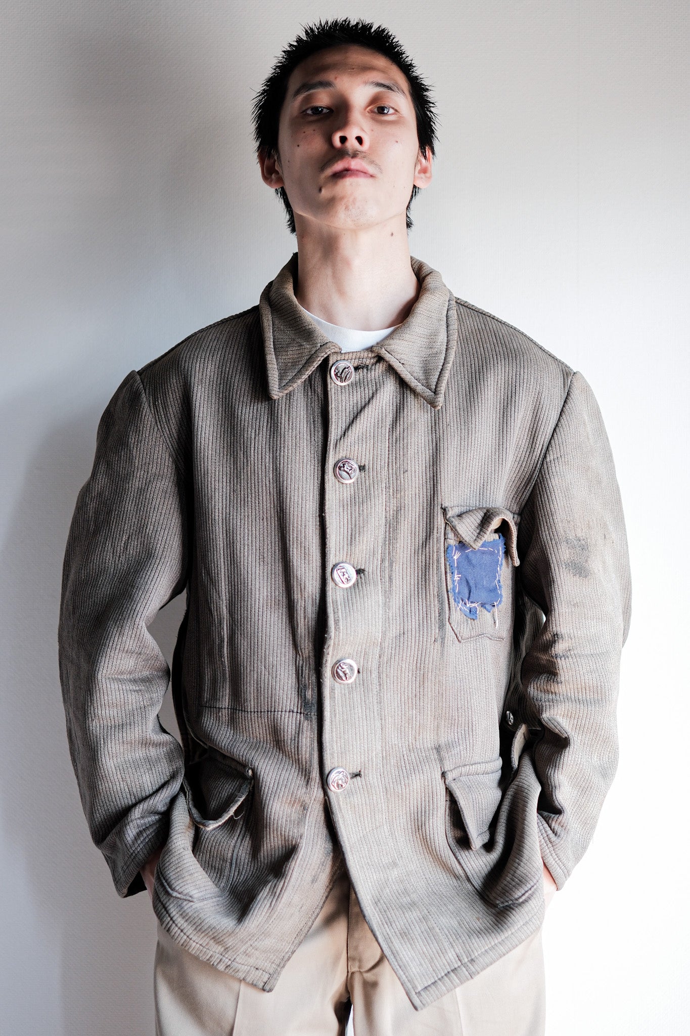 【~60's】French Vintage Brown Gray Cotton Pique Hunting Jacket Size.46