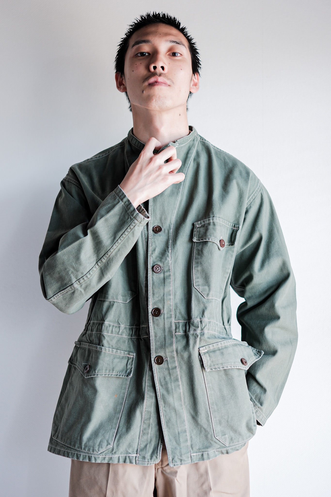 ［~50's］French Vintage Green Cotton Twill 4 Pockets Work Jacket "Unusual Pattern"