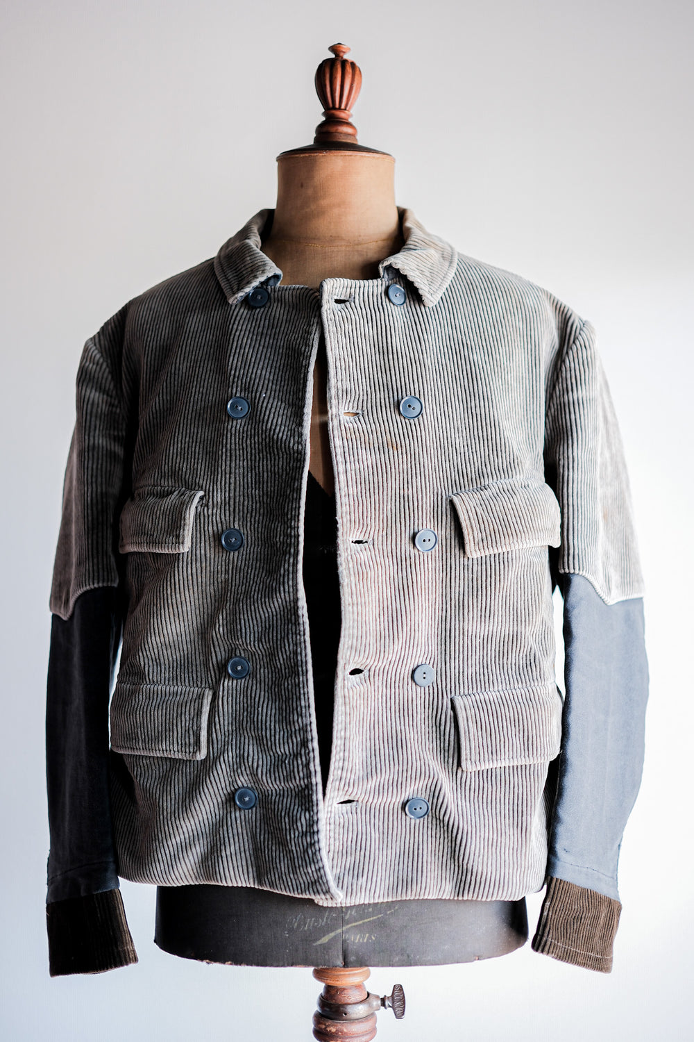 【~50's】Belgium Vintage Brown Corduroy × Black Moleskin Double Breasted Work Jacket
