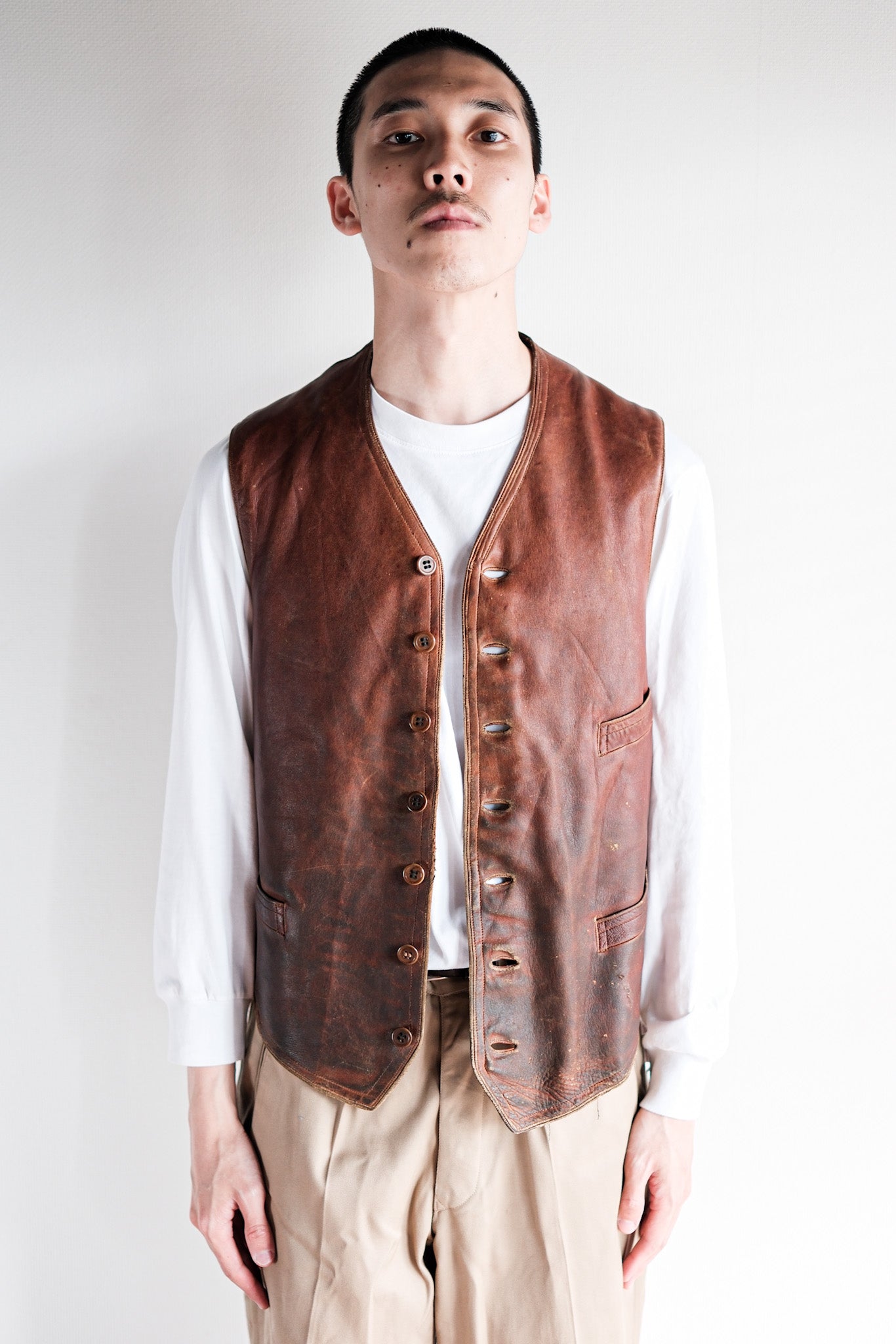 【~50's】French Vintage Brown Leather Work Gilet