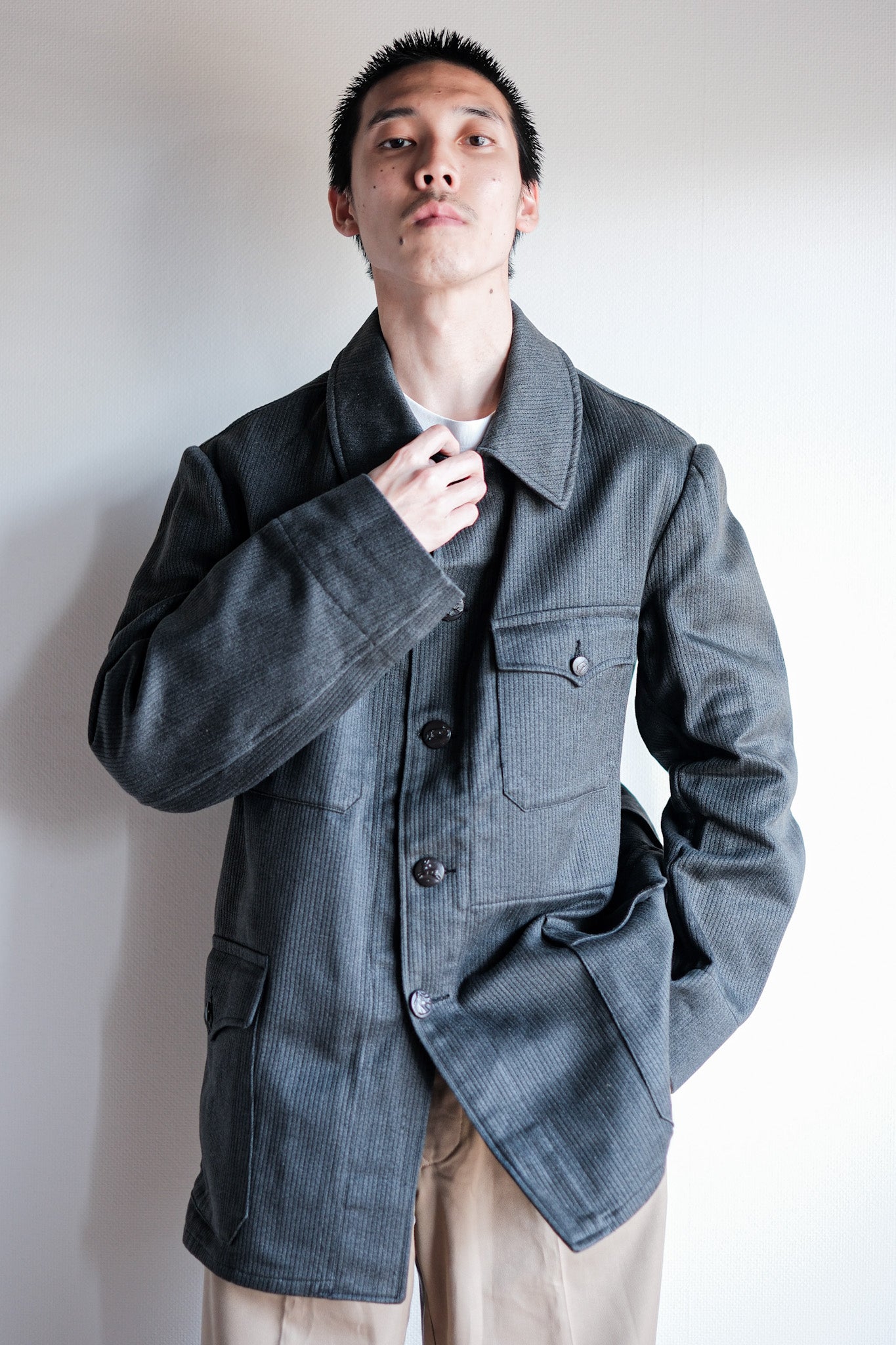 【~50's】French Vintage Gray Cotton Pique Hunting Jacket With Chin Strap "Dead Stock"