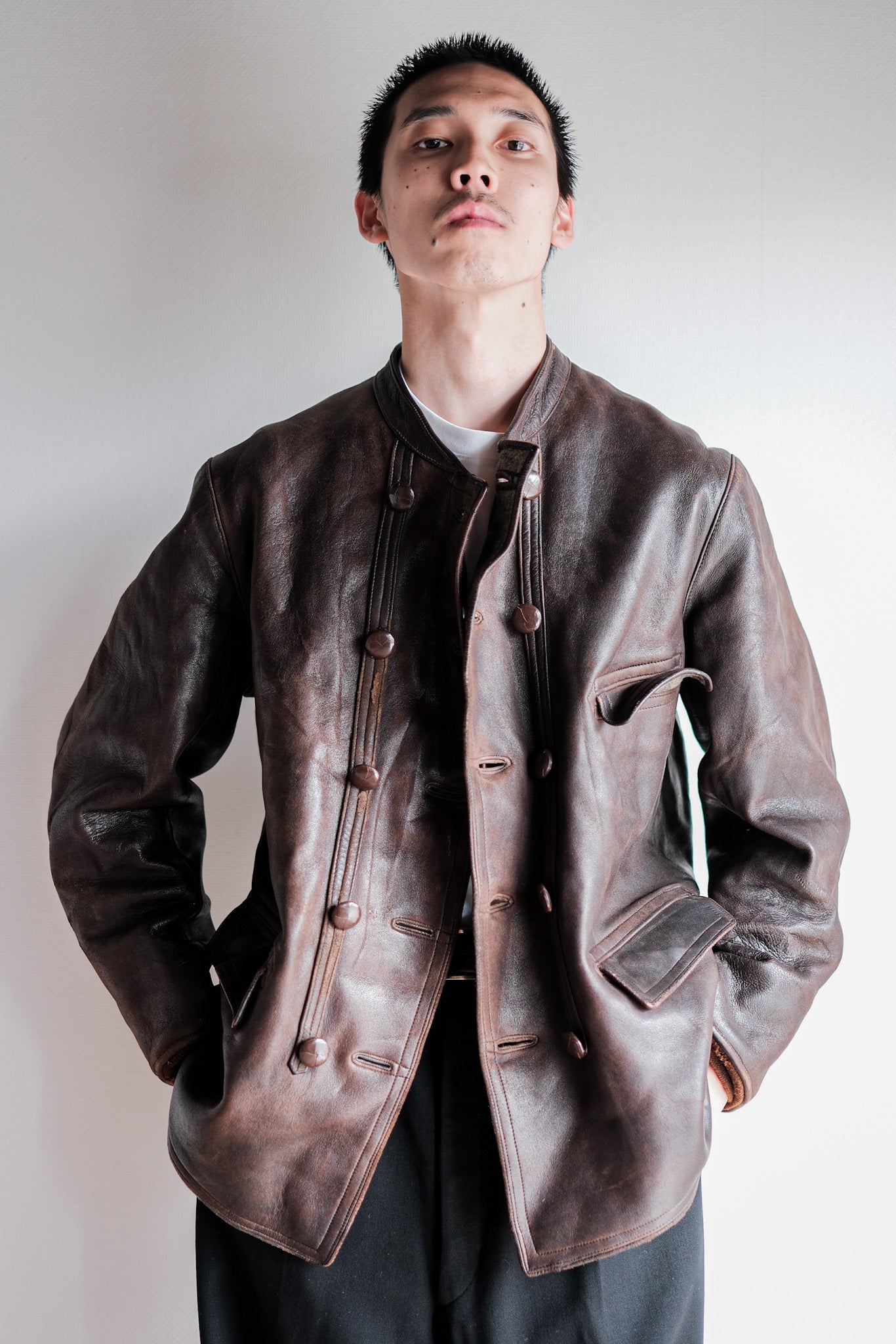 【~40's】Swedish Vintage Double Breasted Leather Jacket