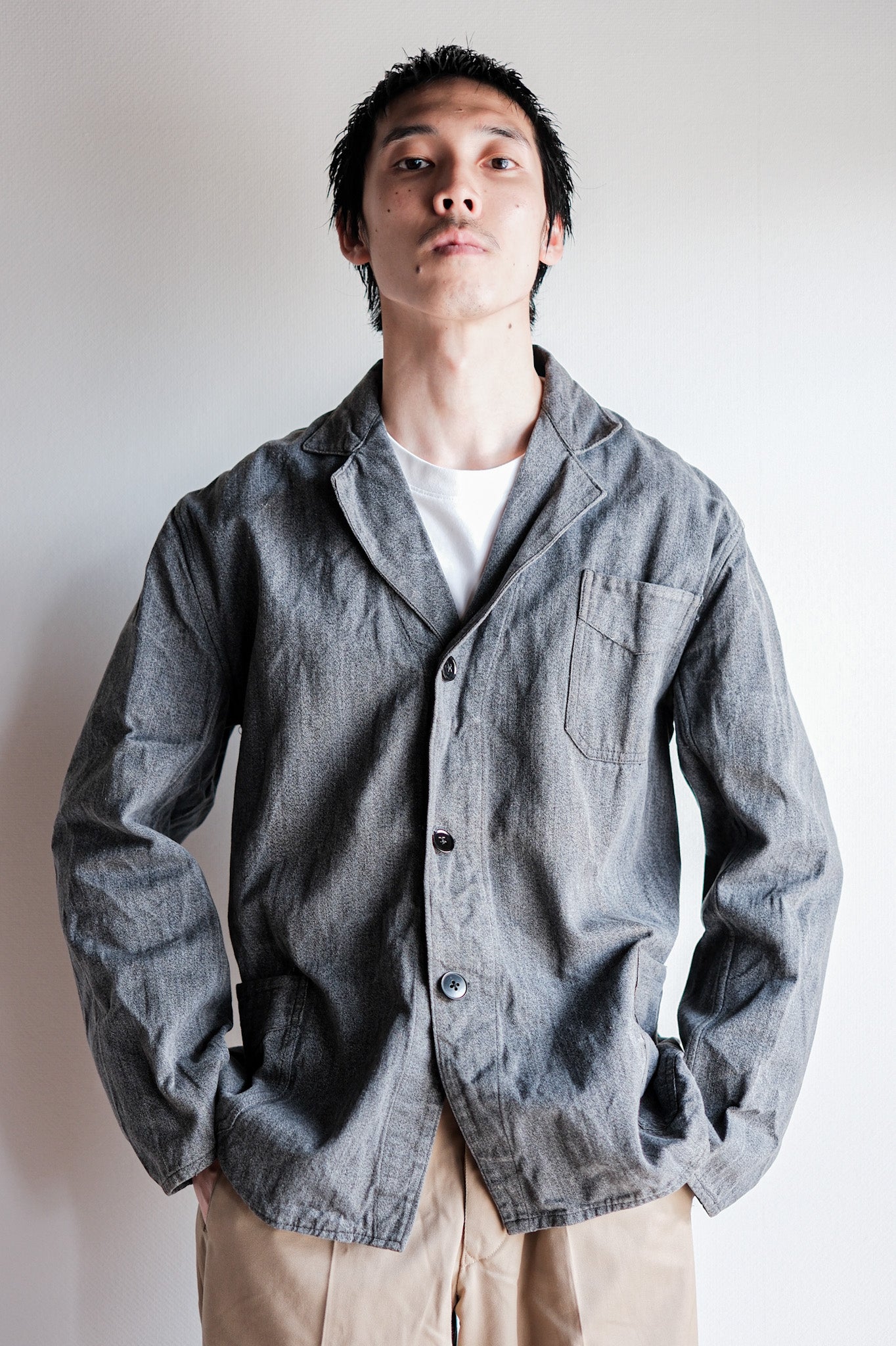 ［~40’s］French Vintage Salt & Pepper Cotton Lapel Work Jacket