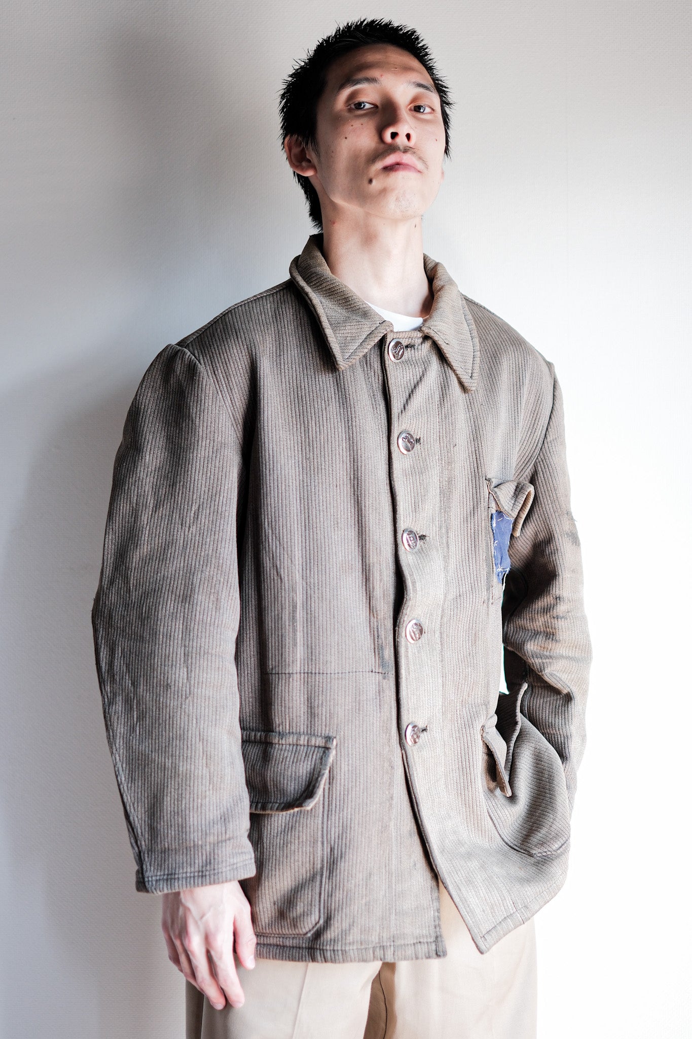【~60's】French Vintage Brown Gray Cotton Pique Hunting Jacket Size.46