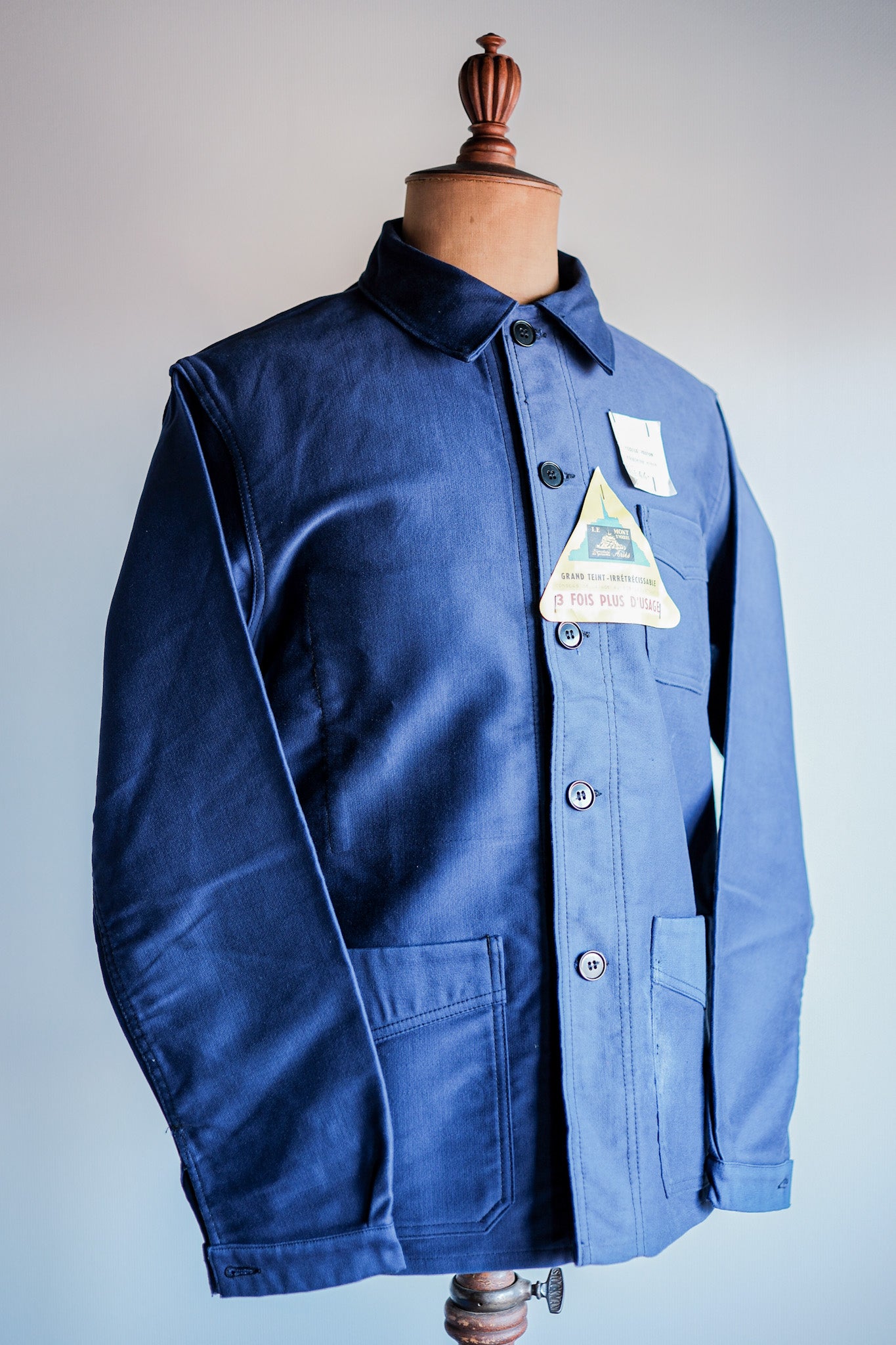 【~50’s】French Vintage Blue Moleskin Work Jacket Size.44 "Le Mont St. Michel" "Dead Stock"