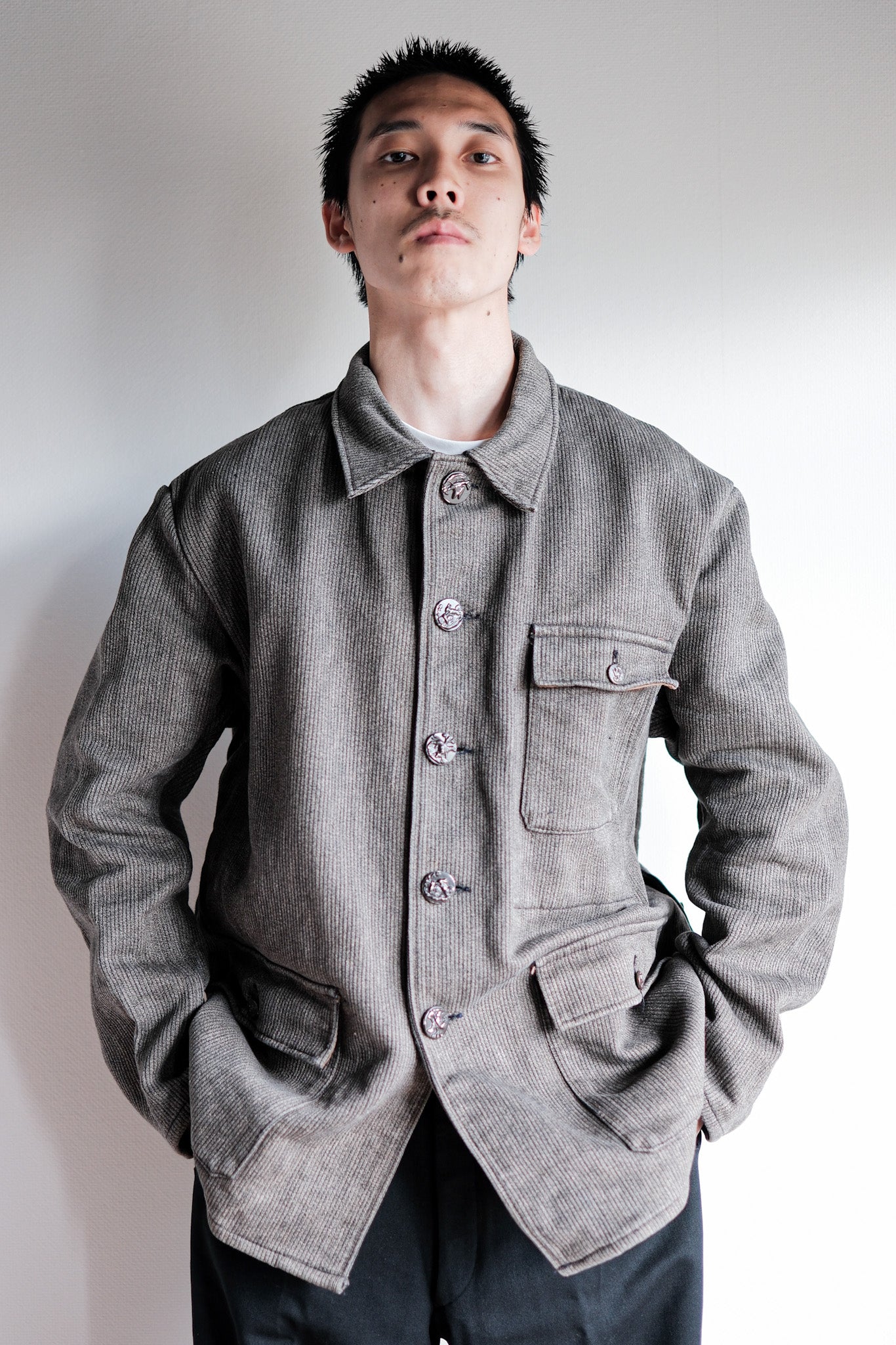 ［~60's］French Vintage Brown Gray Salt & Pepper Cotton Pique Hunting Jacket "Le Mont St. Michel"