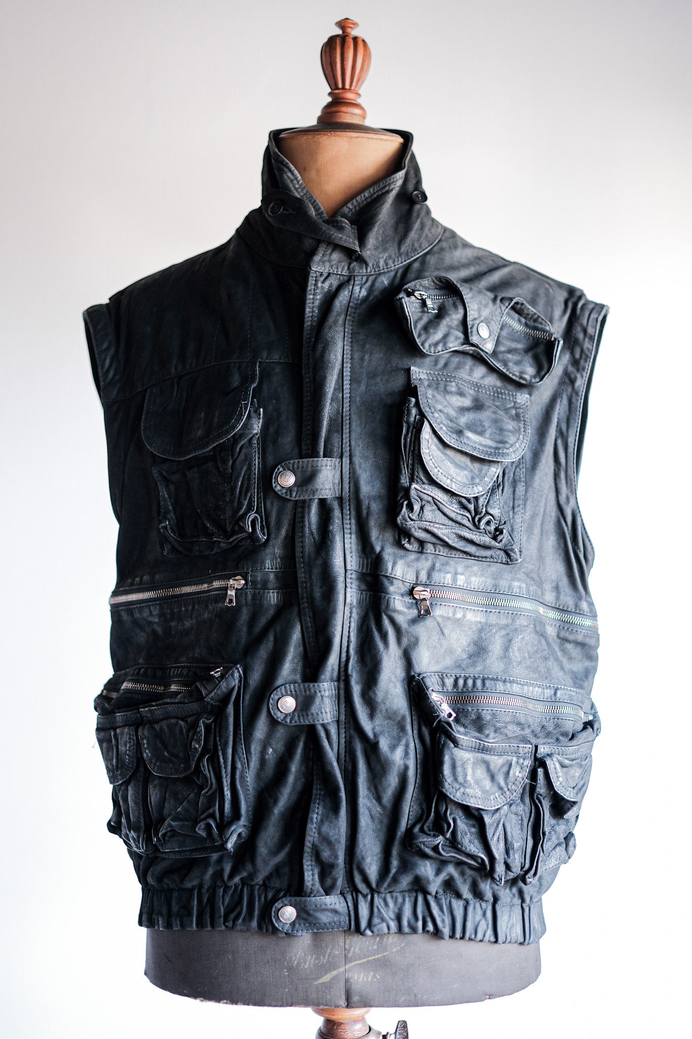 ［~90's］Old Renoma Paris Black Leather Detachable Sleeve Multi Pocket Jacket Size.M