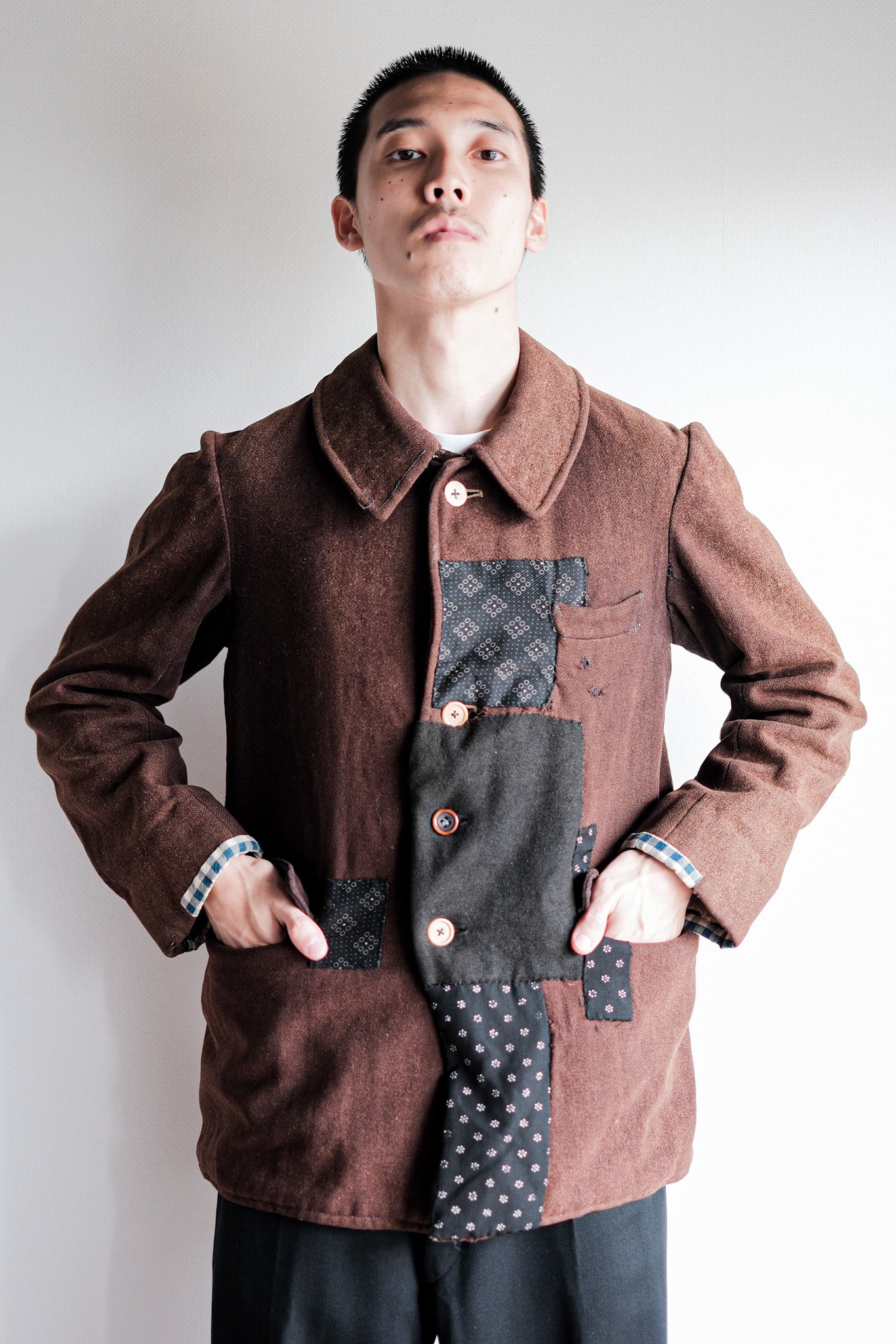 【~20's】French Vintage Brown Wool Work Jacket "Patchwork"