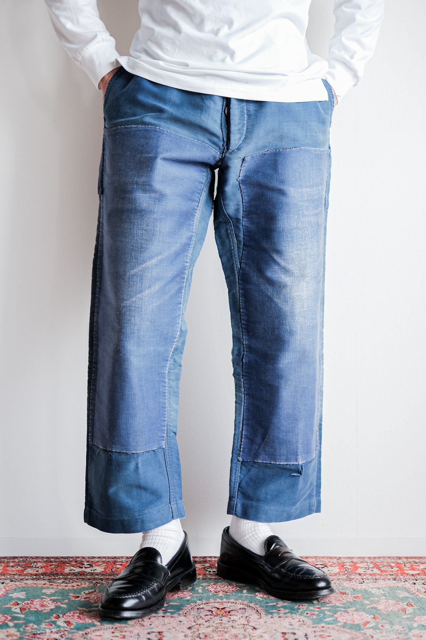 [~ 30's] Pantalon de travail de moleskin bleu vintage français "patchwork"