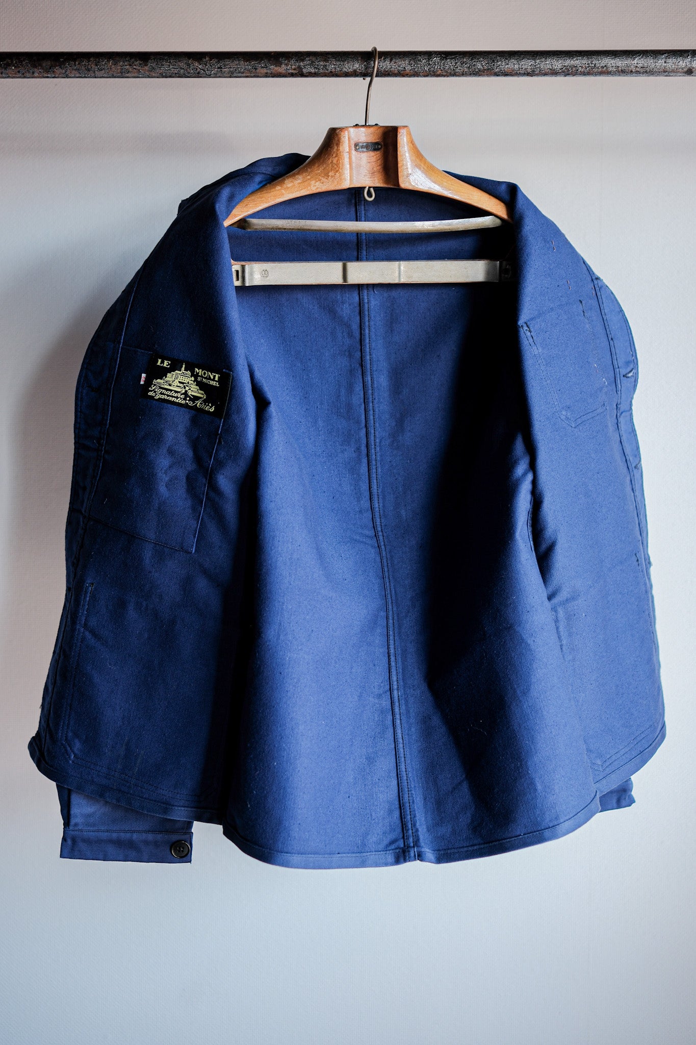 【~50’s】French Vintage Blue Moleskin Work Jacket Size.44 "Le Mont St. Michel" "Dead Stock"