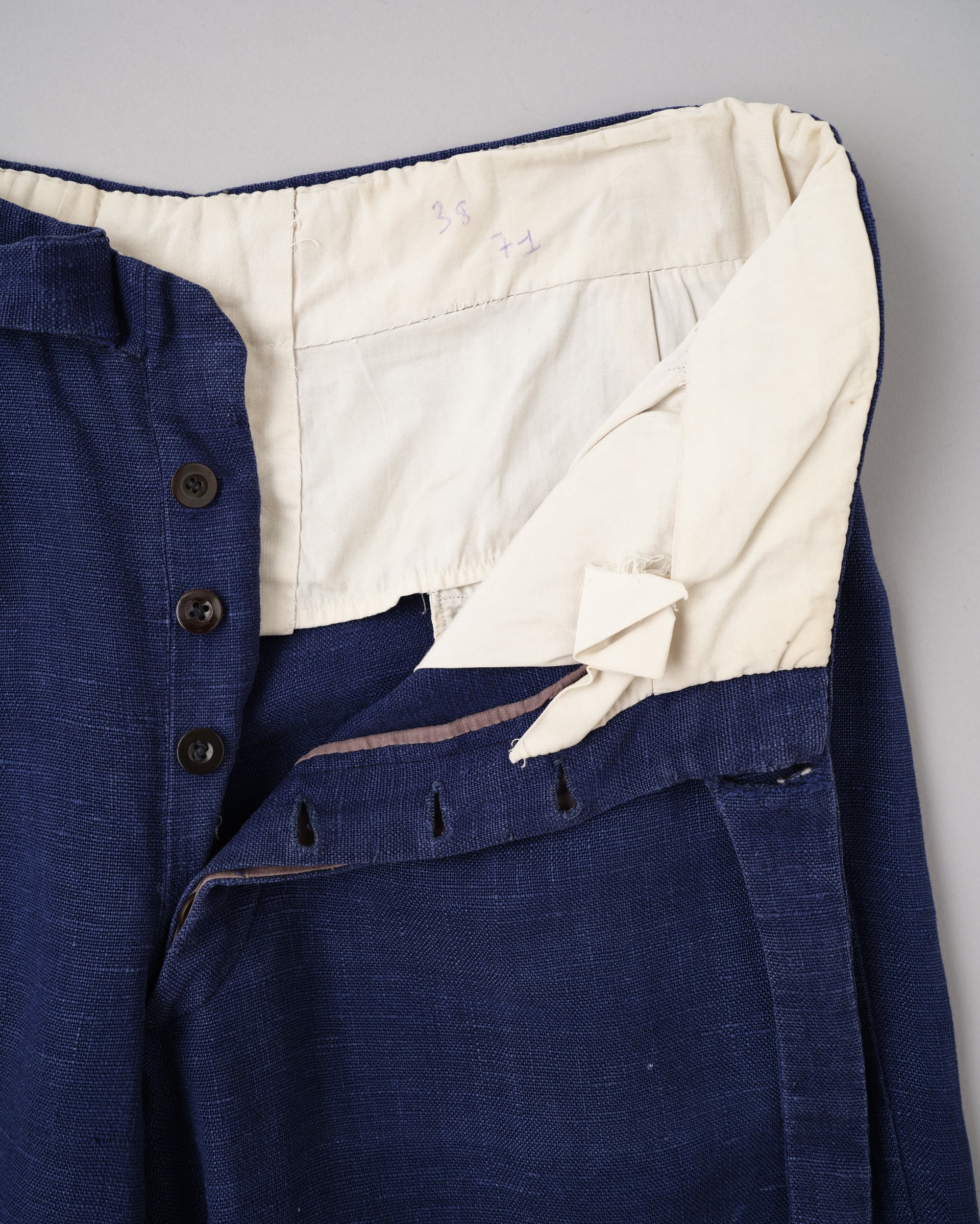 [~40's] French Vintage Indigo Hemp Linen Cross Belt Work Pants