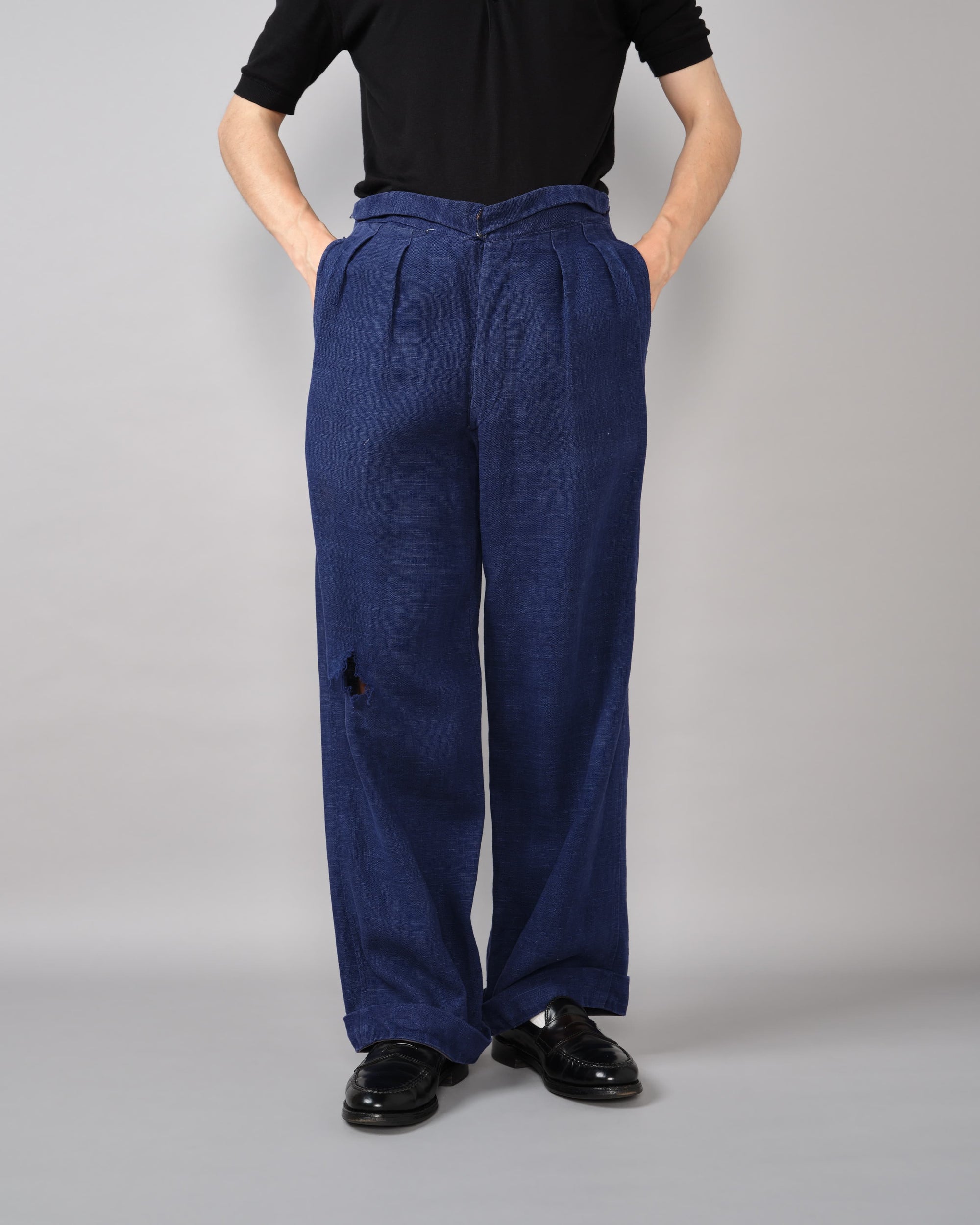 [~40's] French Vintage Indigo Hemp Linen Cross Belt Work Pants
