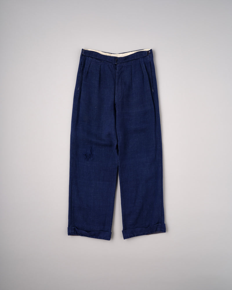 【~40's】French Vintage Indigo Hemp Linen Cross Belt Work Pants