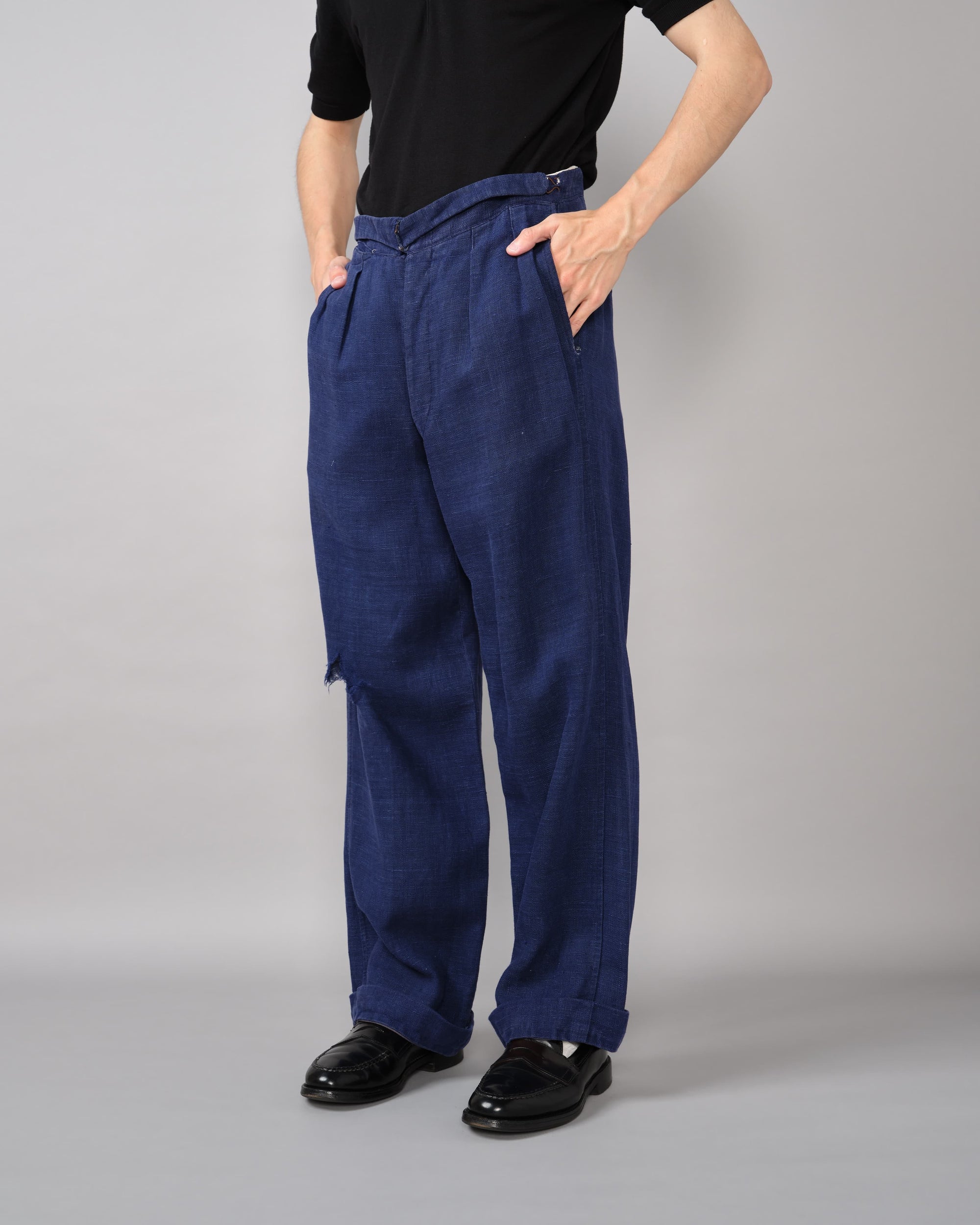 [~40's] French Vintage Indigo Hemp Linen Cross Belt Work Pants