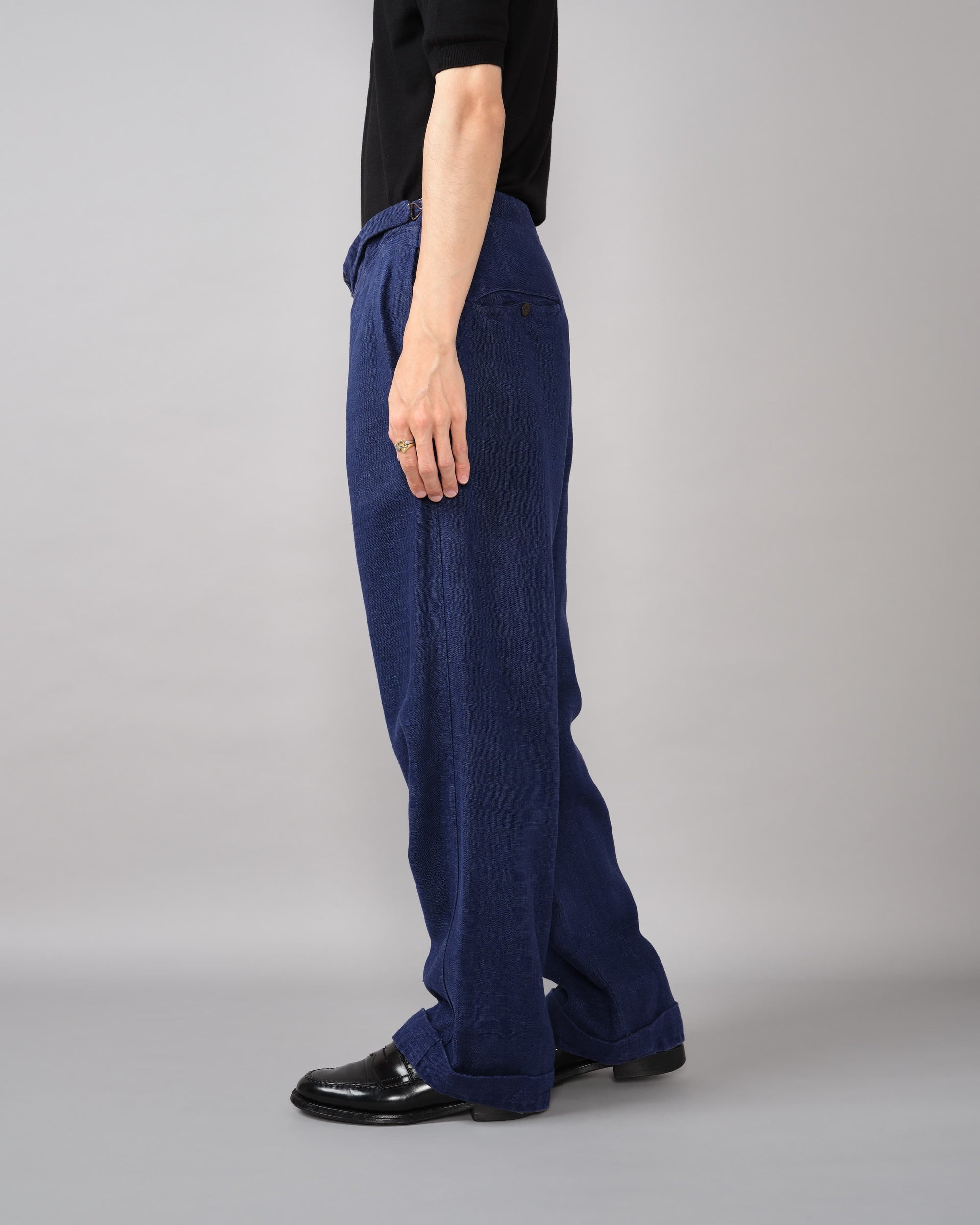 [~40's] French Vintage Indigo Hemp Linen Cross Belt Work Pants