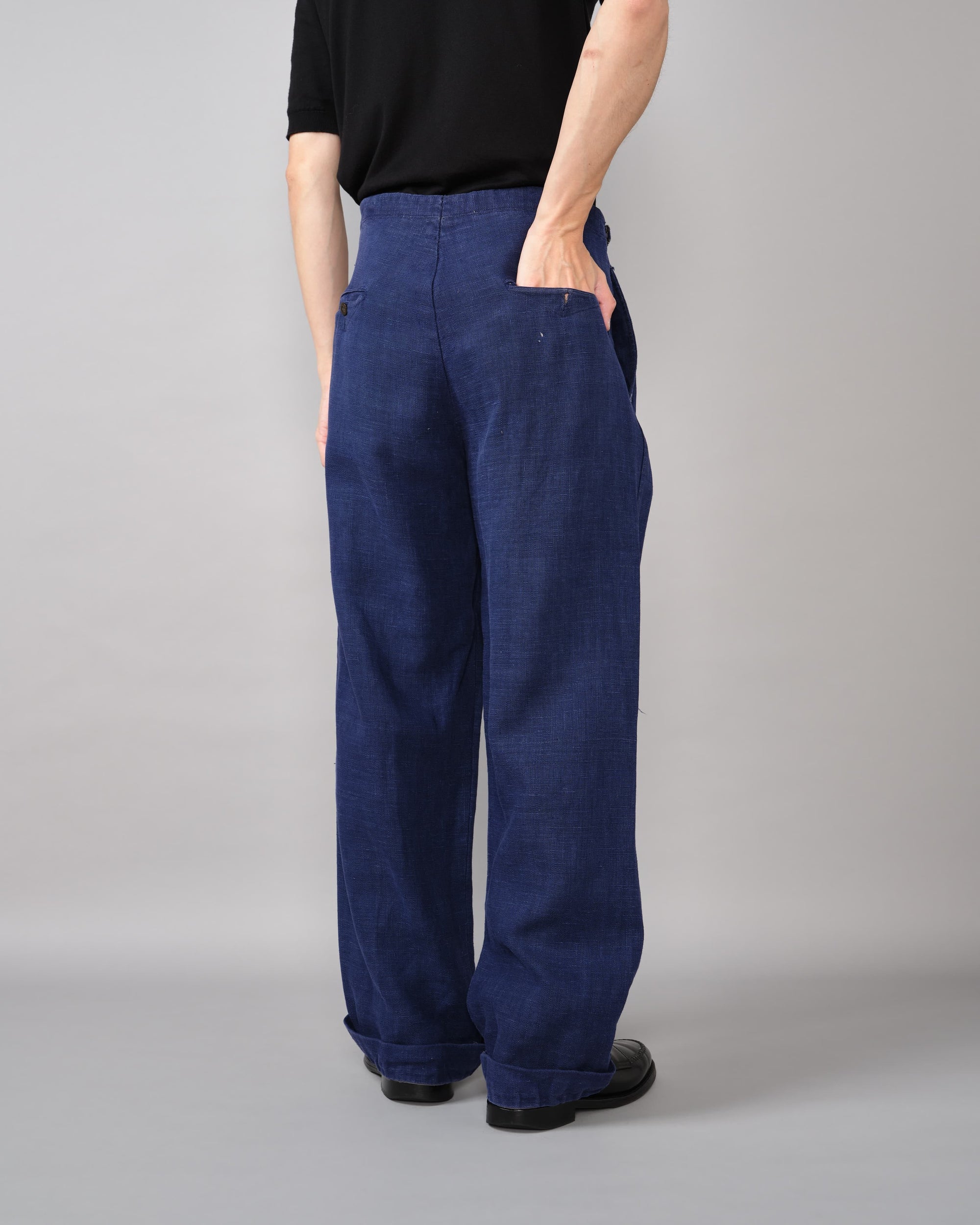[~40's] French Vintage Indigo Hemp Linen Cross Belt Work Pants