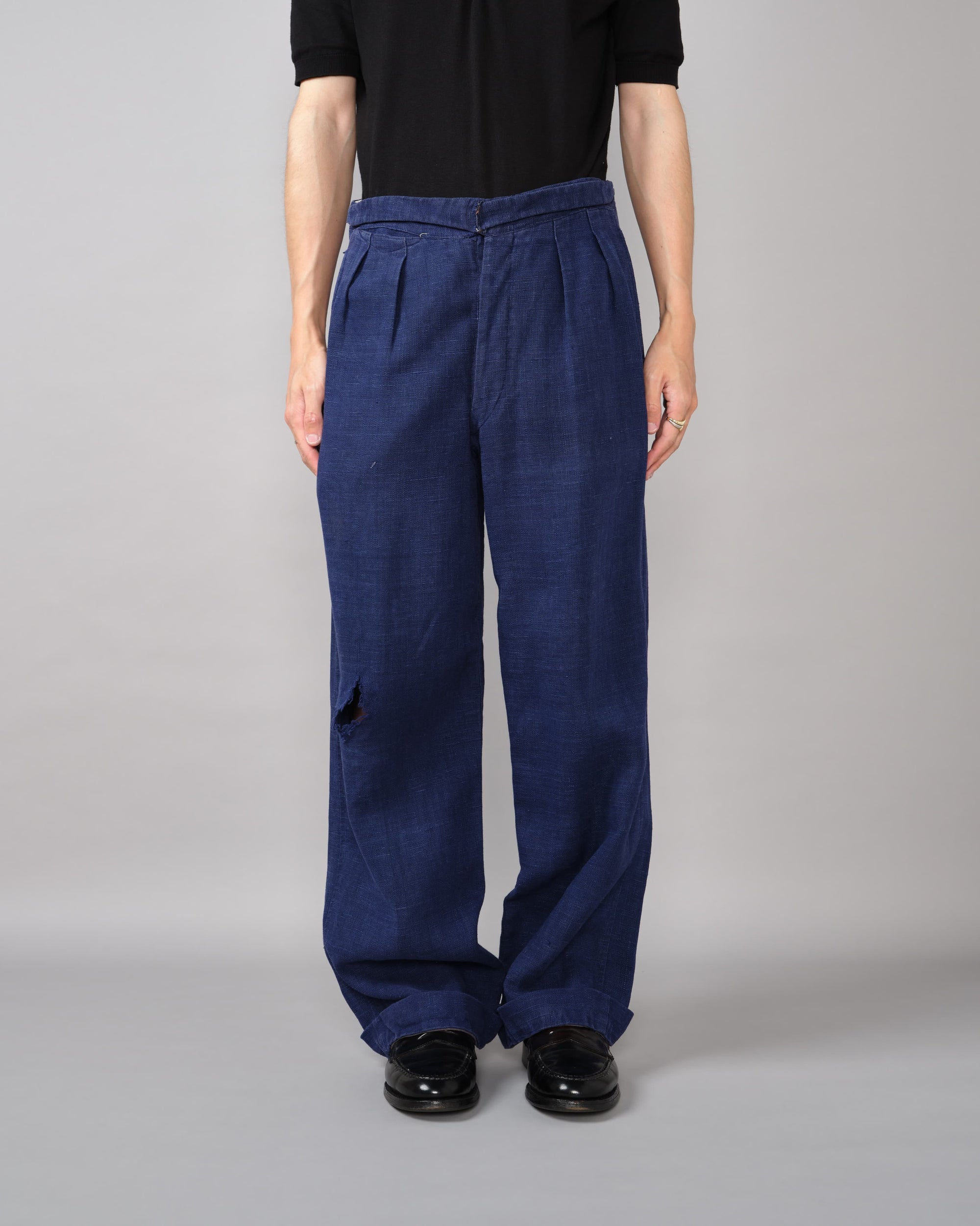 [~40's] French Vintage Indigo Hemp Linen Cross Belt Work Pants