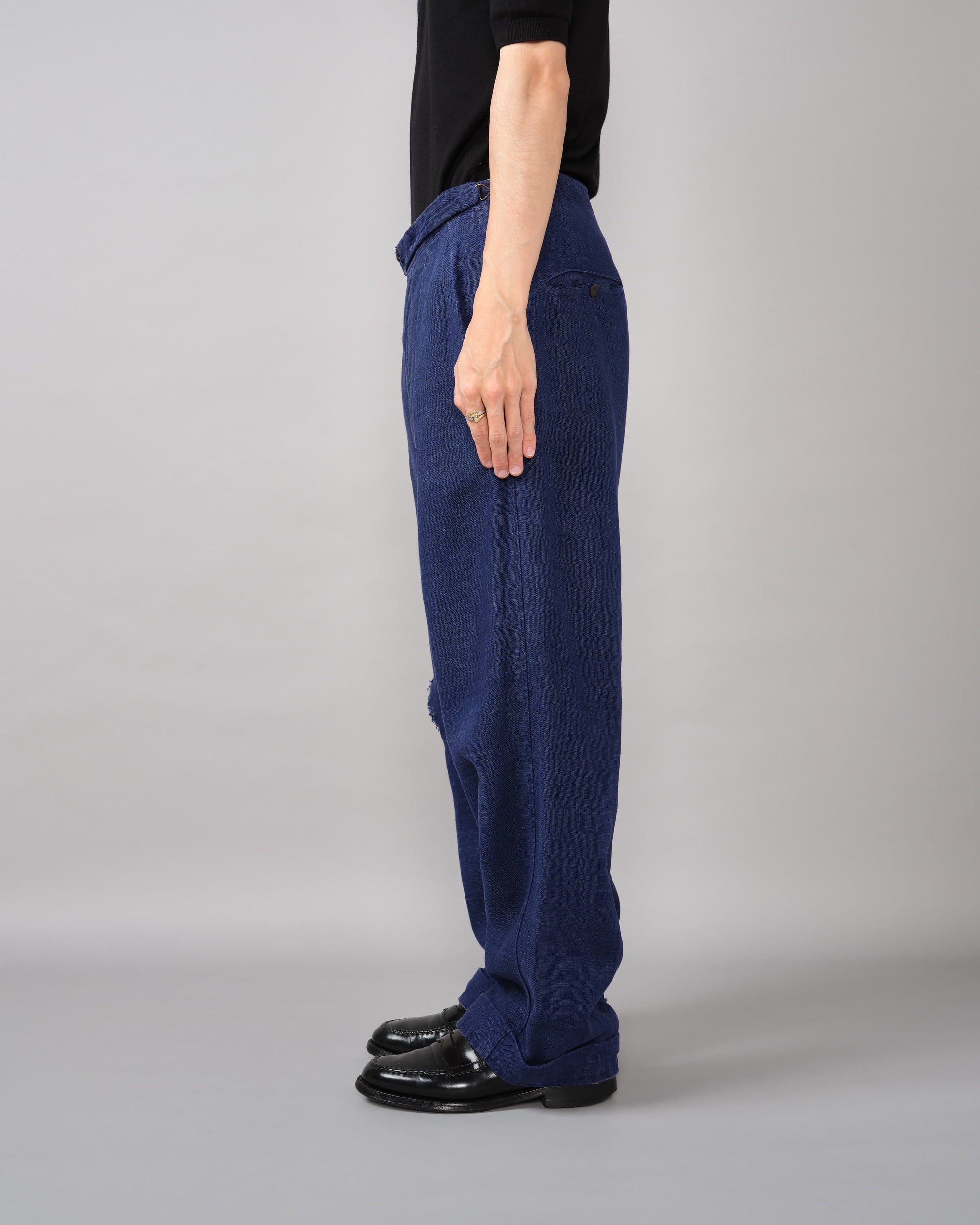 [~40's] French Vintage Indigo Hemp Linen Cross Belt Work Pants