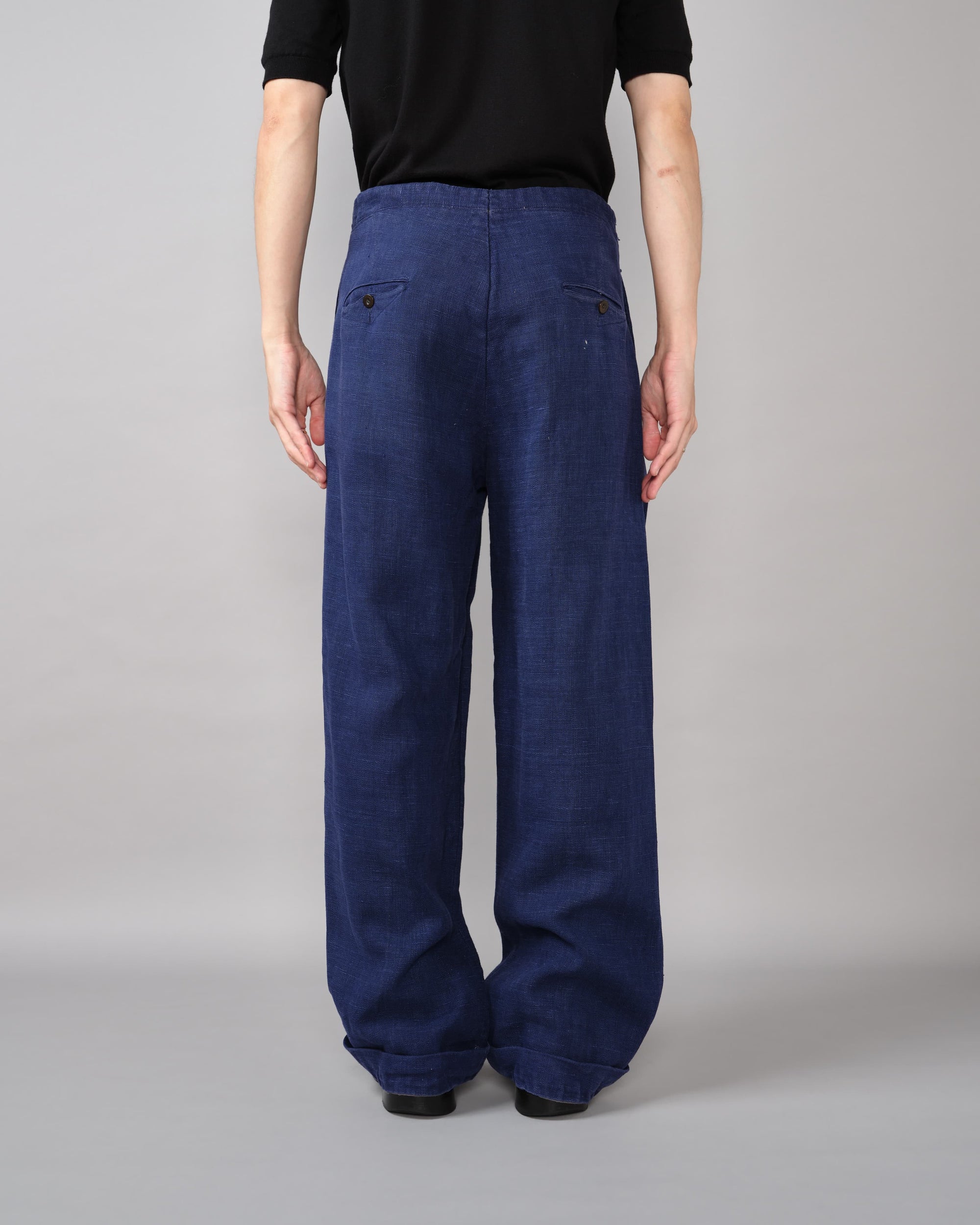 [~40's] French Vintage Indigo Hemp Linen Cross Belt Work Pants