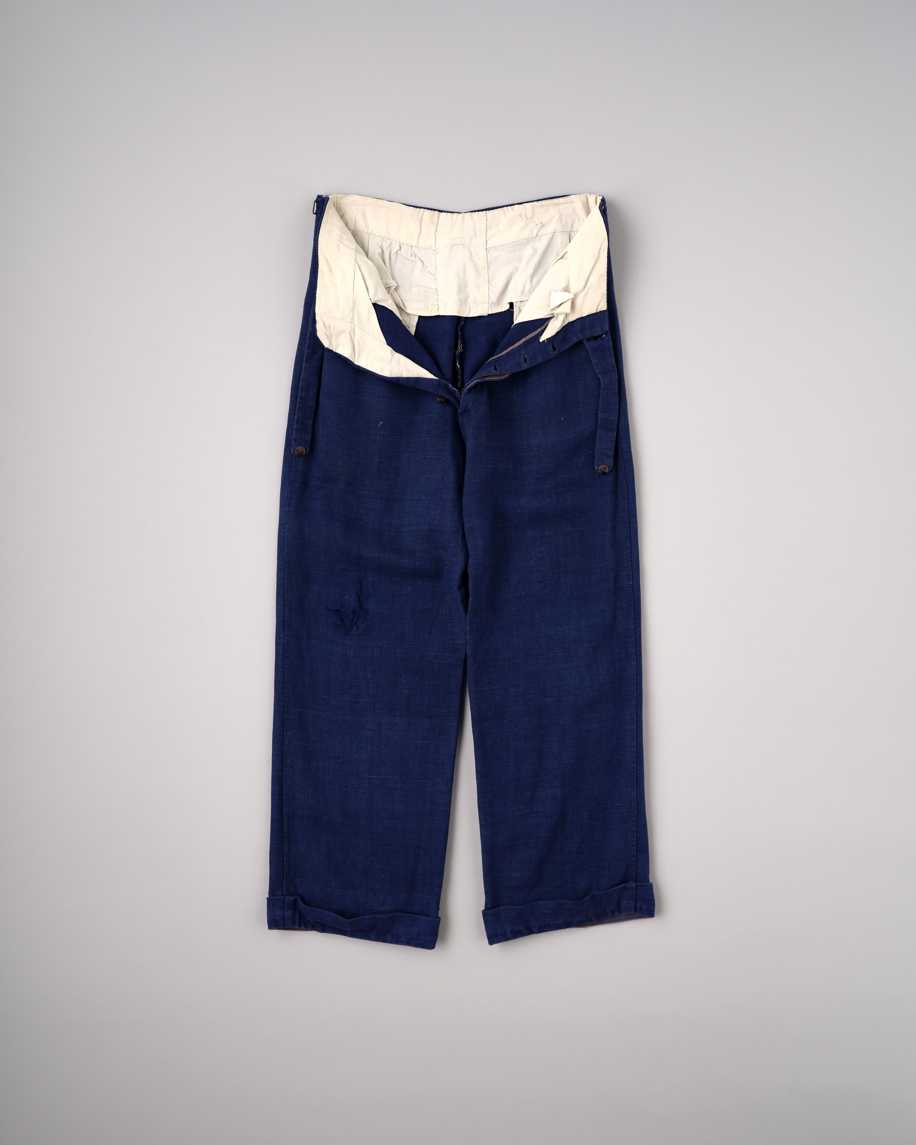 【希少】30s 40s euro vintage hemp work pants 40's] French Vintage Indigo Hemp Linen Cross Belt Work Pants