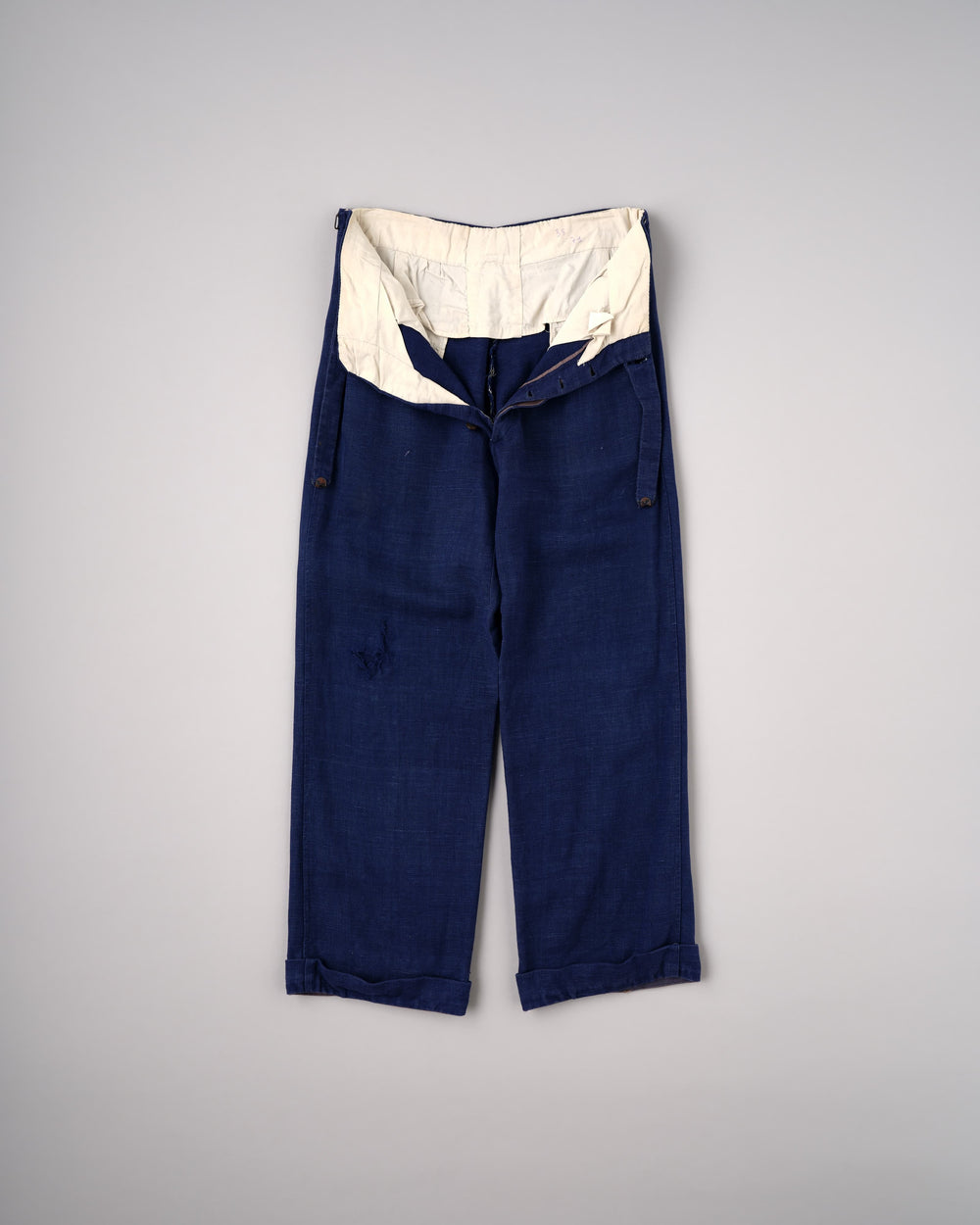 [~40's] French Vintage Indigo Hemp Linen Cross Belt Work Pants