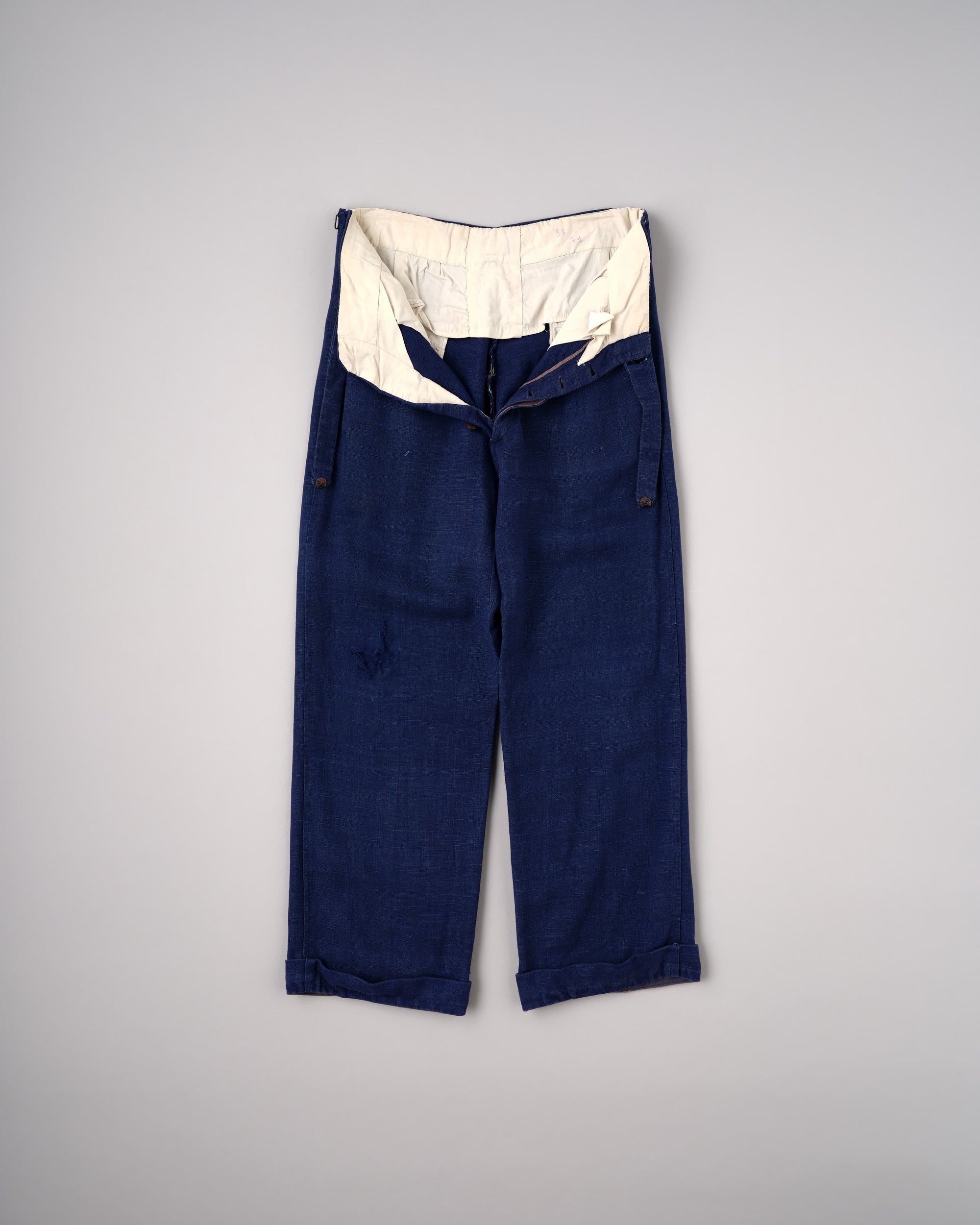 [~40's] French Vintage Indigo Hemp Linen Cross Belt Work Pants