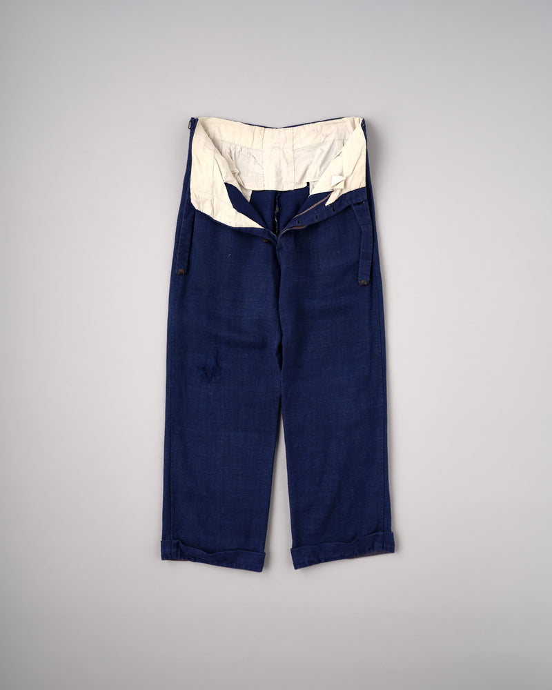 【~40's】French Vintage Indigo Hemp Linen Cross Belt Work Pants