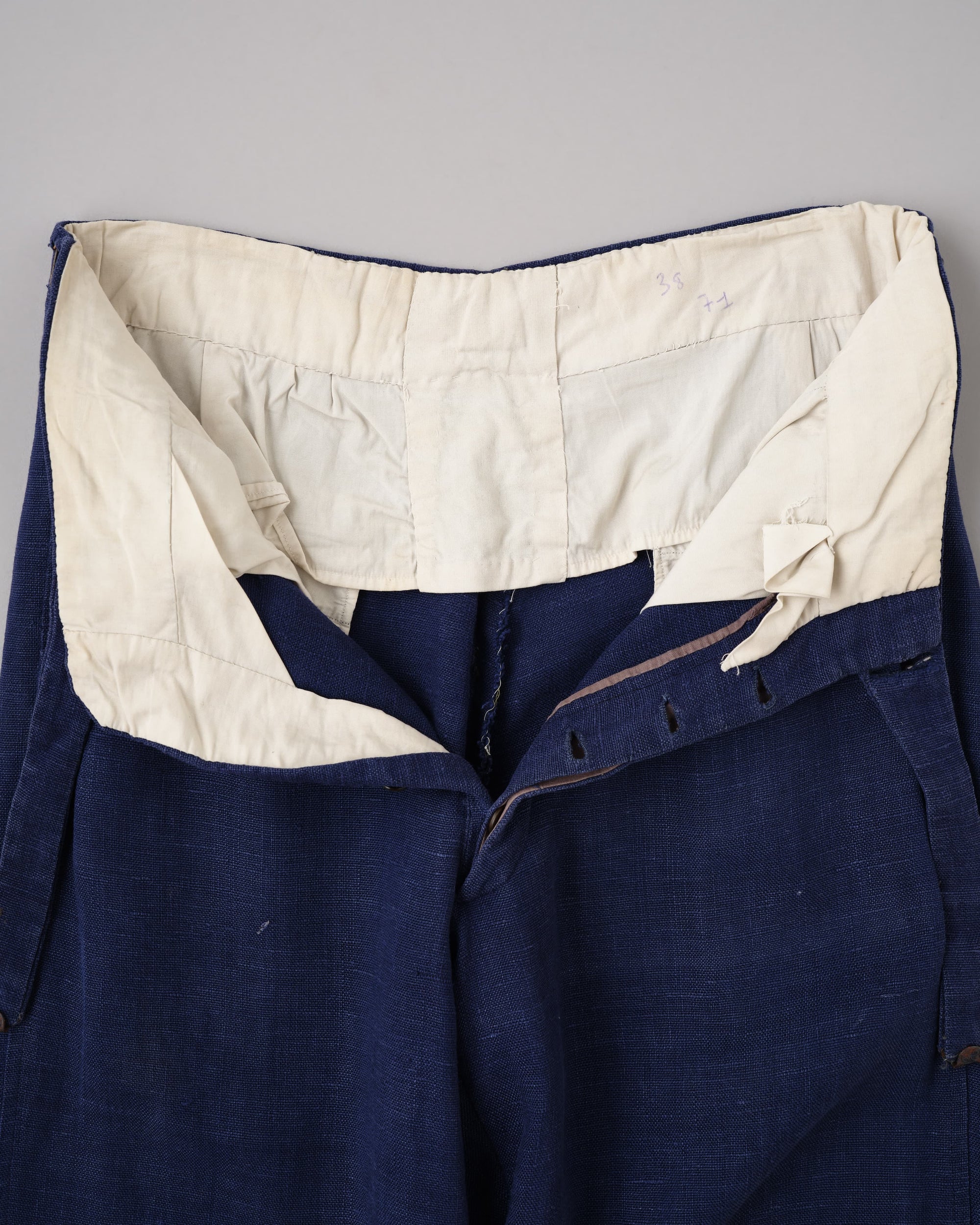 [~40's] French Vintage Indigo Hemp Linen Cross Belt Work Pants
