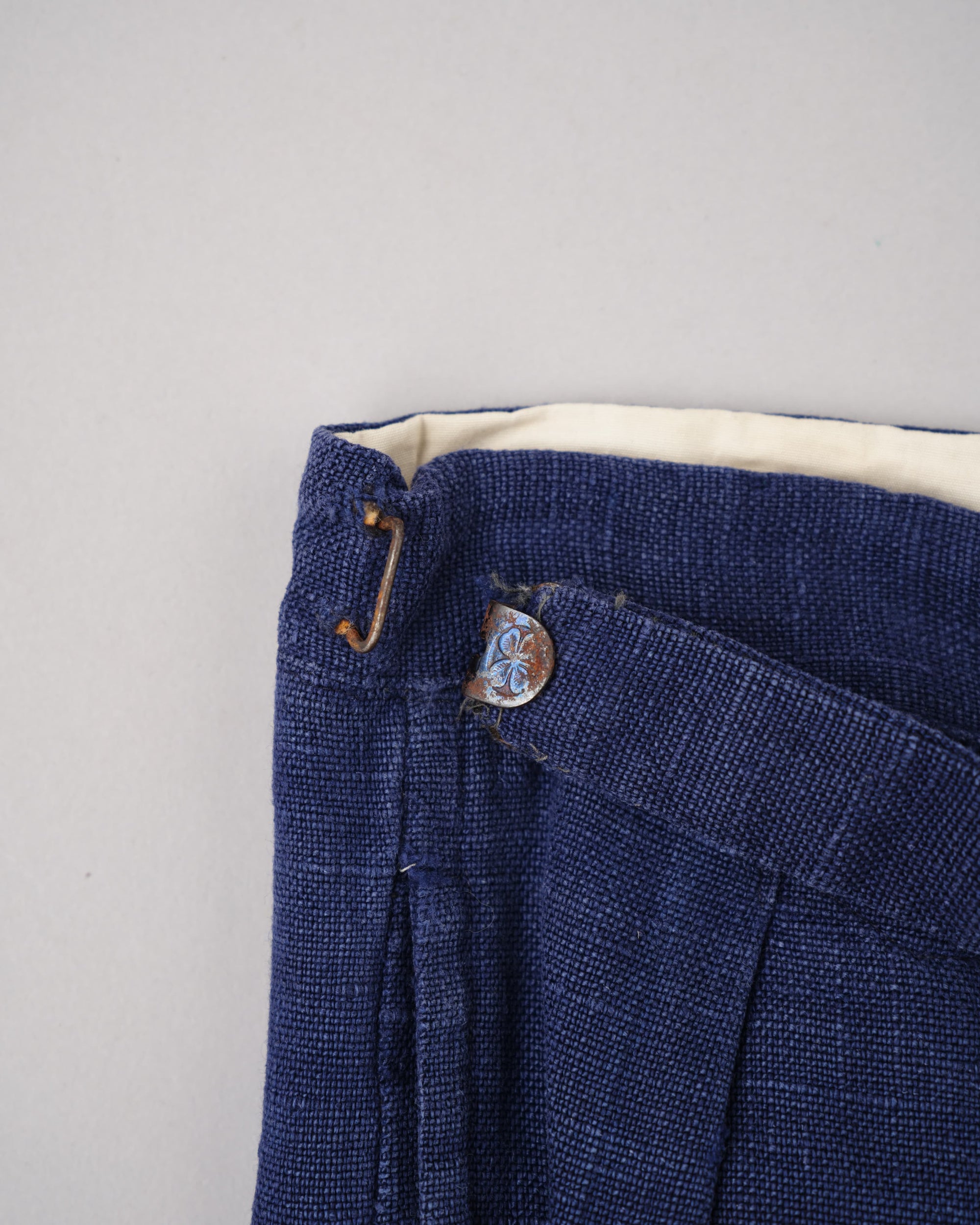 [~40's] French Vintage Indigo Hemp Linen Cross Belt Work Pants