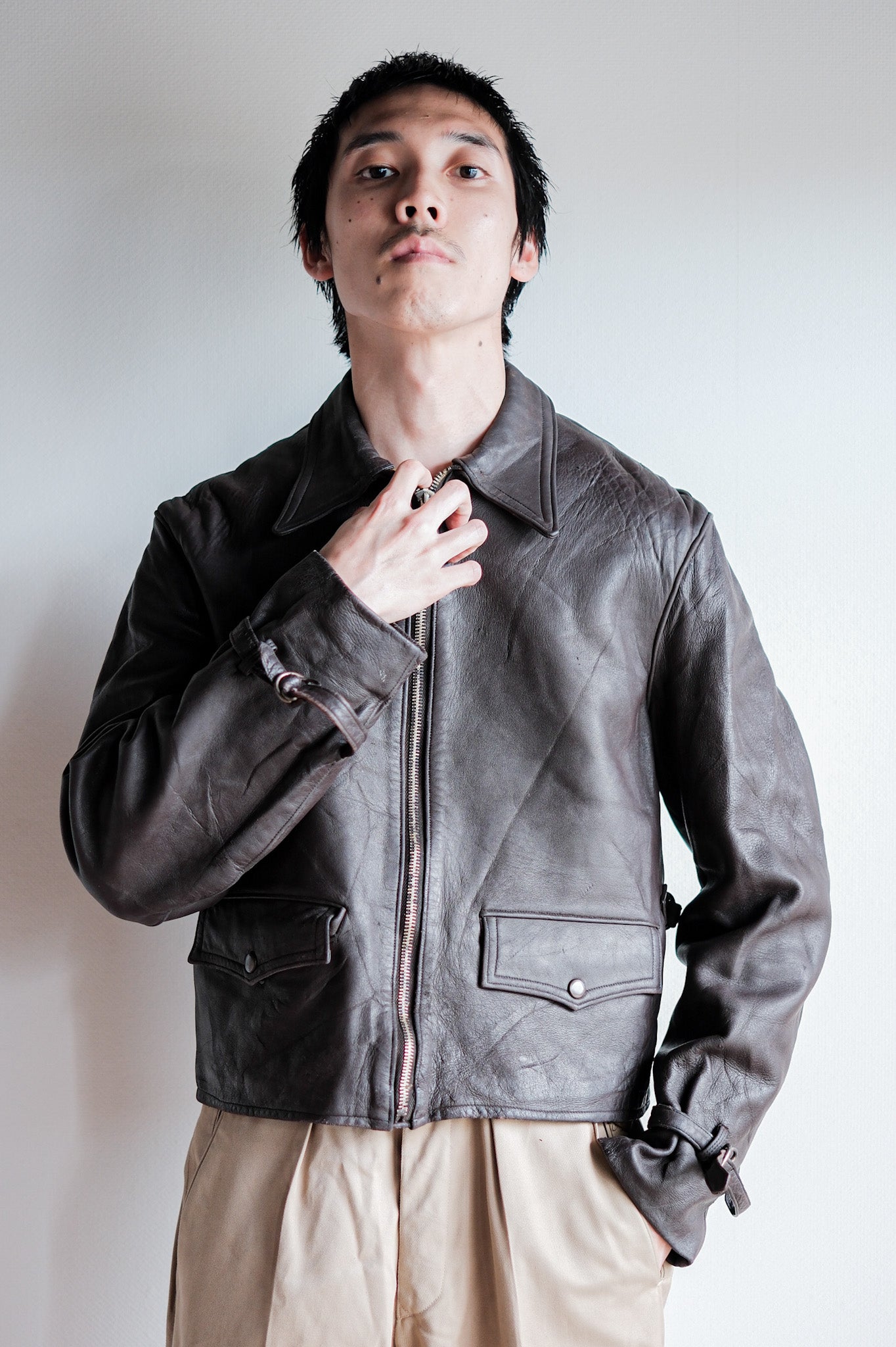 40's】French Vintage Brown Leather Cyclist Jacket 