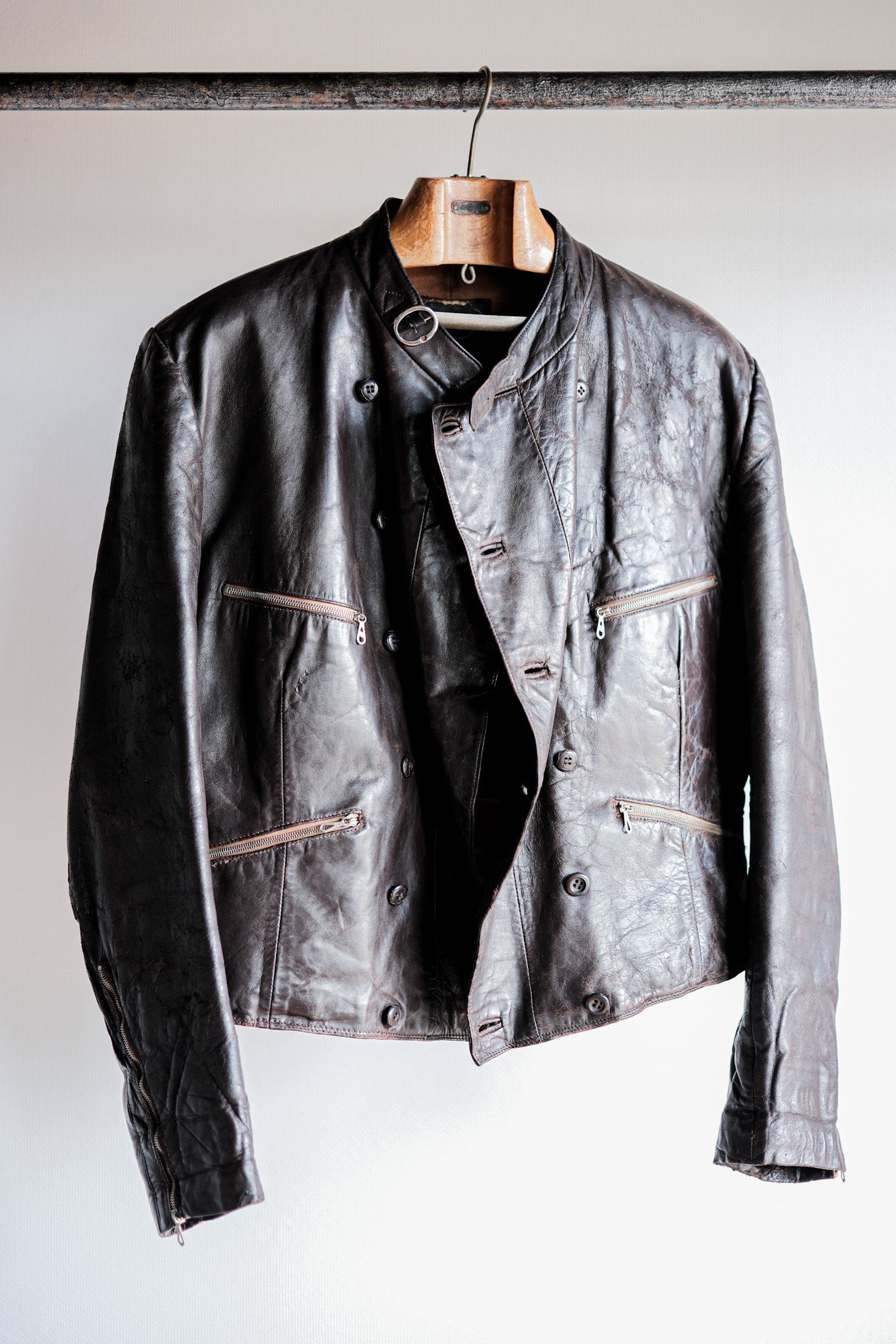 40's】German Vintage Double Breasted Motorcycle Leather Jacket