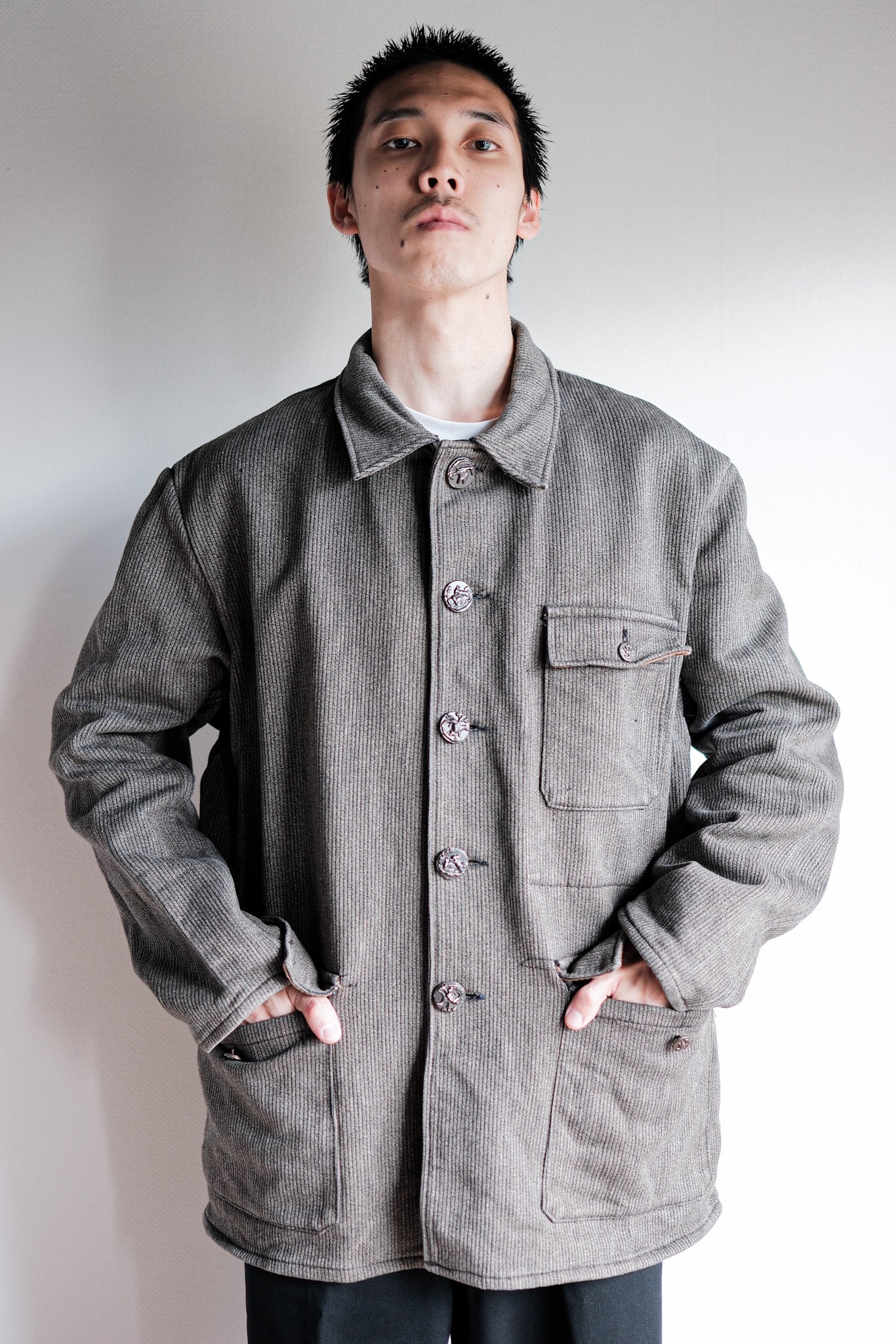 【~60's】French Vintage Brown Gray Salt & Pepper Cotton Pique Hunting Jacket "Le Mont St. Michel"