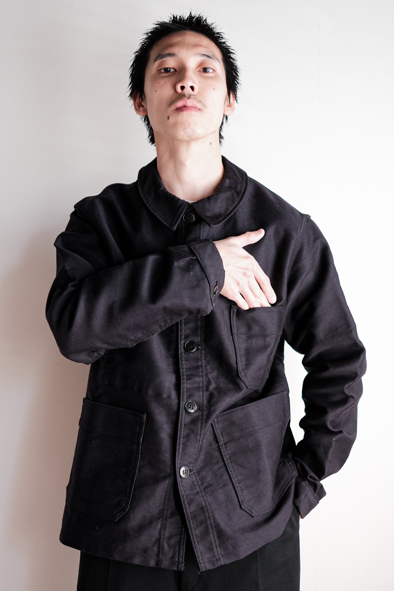 60's】French Vintage Black Moleskin Work Jacket Size.50 