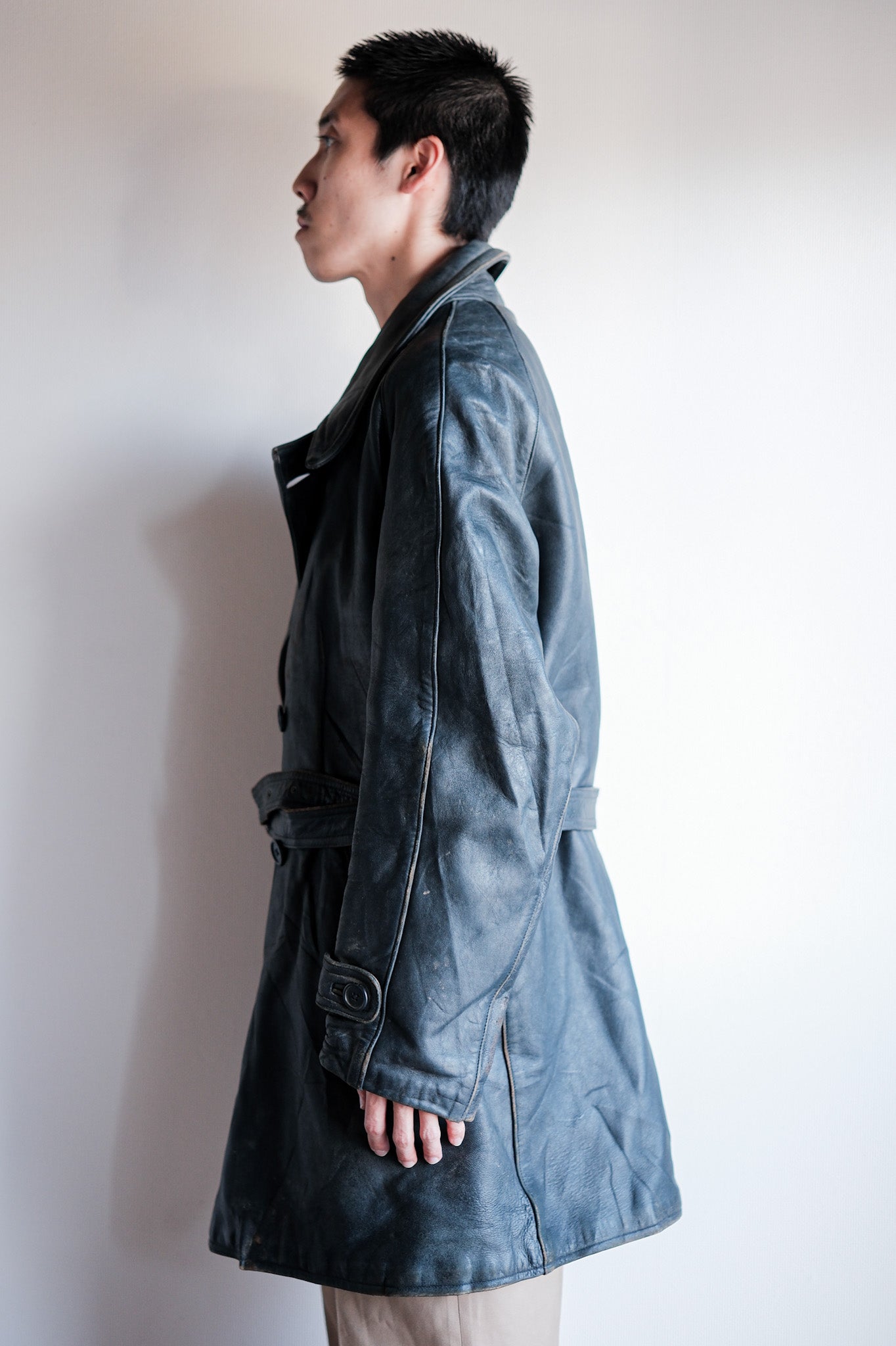 ［~50's］French Vintage Double Breasted Leather Work Coat With Chin Strap