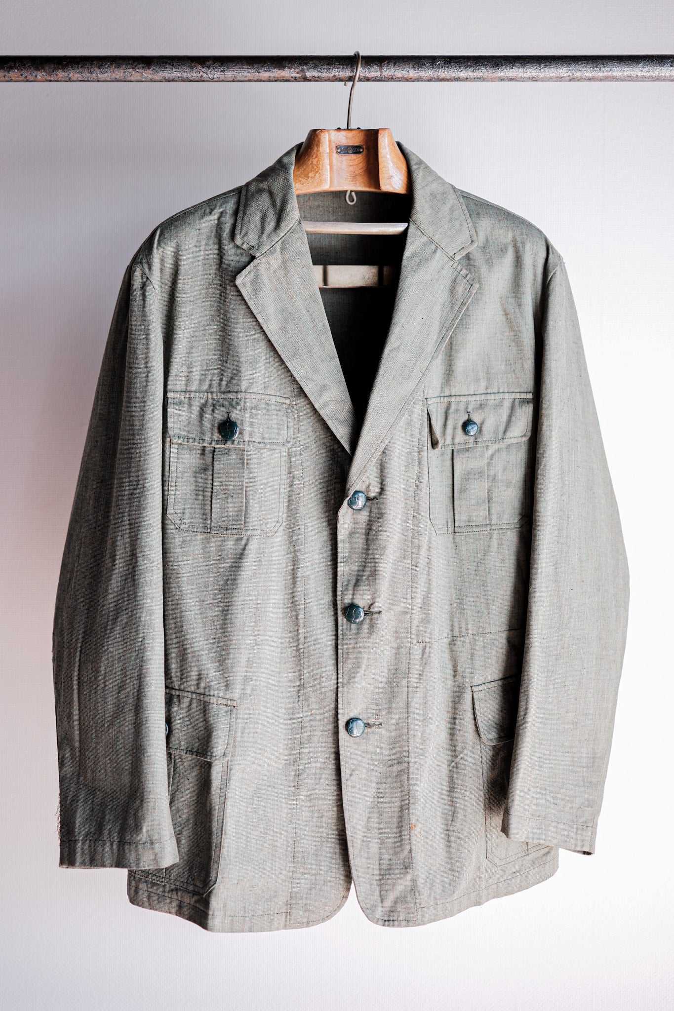 ［~40's］German Vintage Green Chambray 4 Pockets Lapel Work Jacket “Dead Stock”