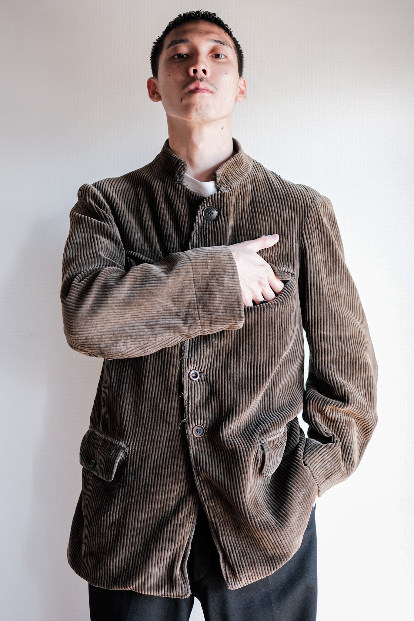 【~30’s】French Vintage Brown Corduroy Stand Collar Work Jacket "Unusual Pattern"