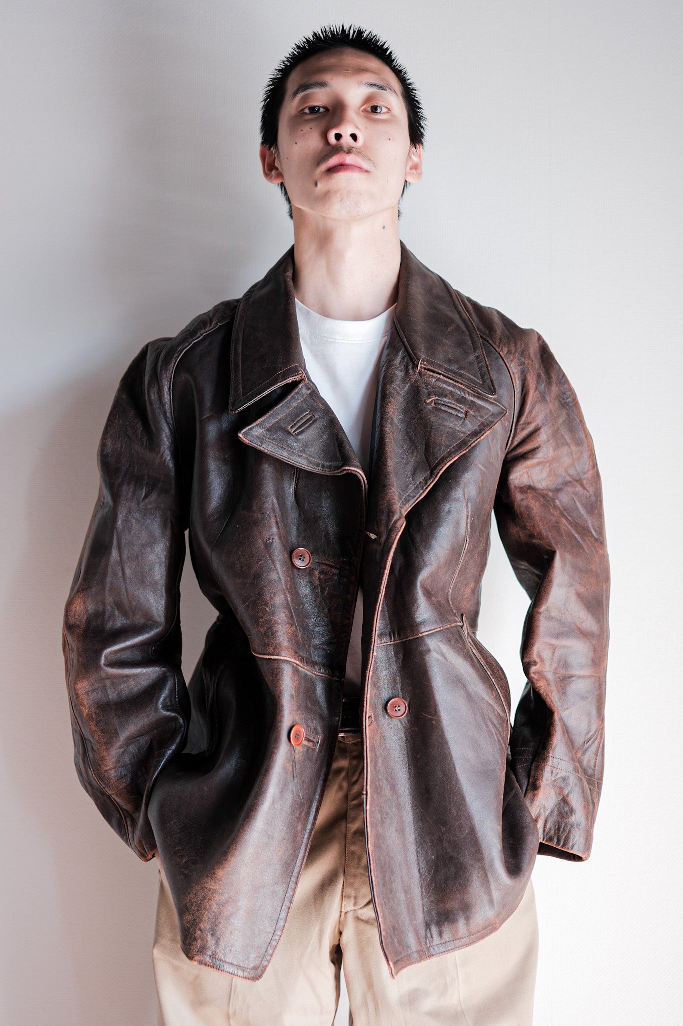 [~ 50's] French Army Motorcycle Leather Jacket size.b2