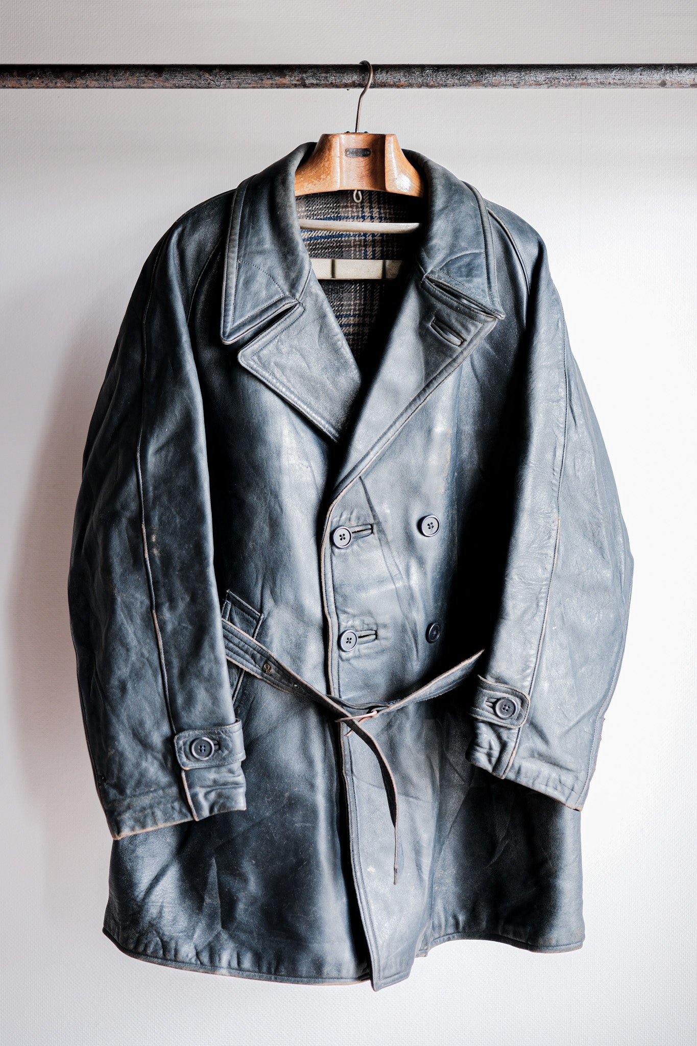 ［~50's］French Vintage Double Breasted Leather Work Coat With Chin Strap