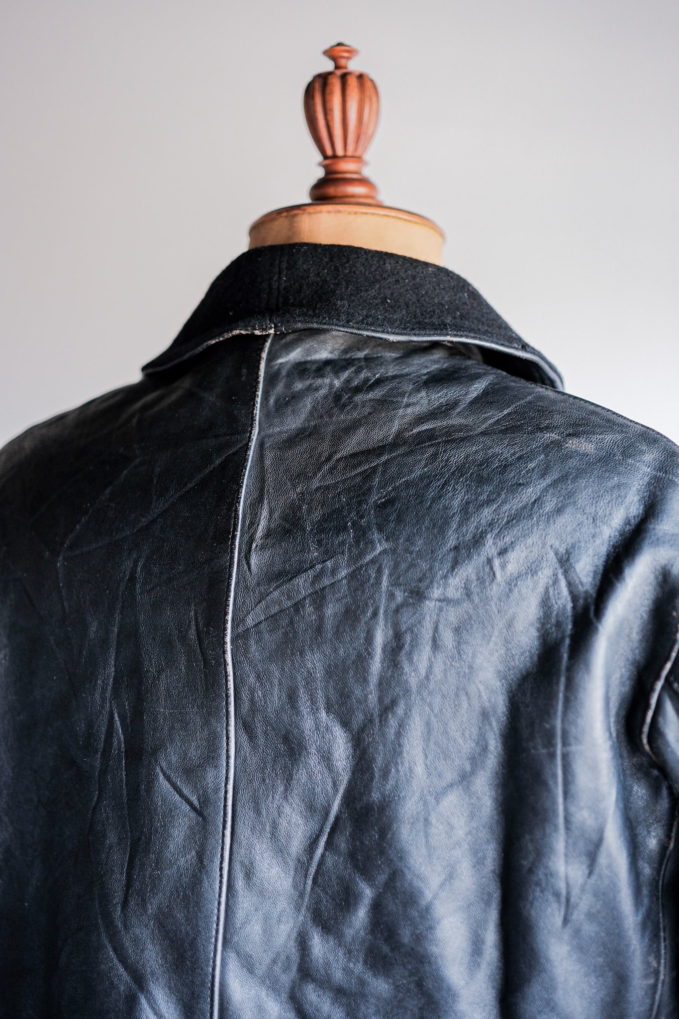 【~60's】French Vintage Black Leather Work Jacket "Wool Collar"