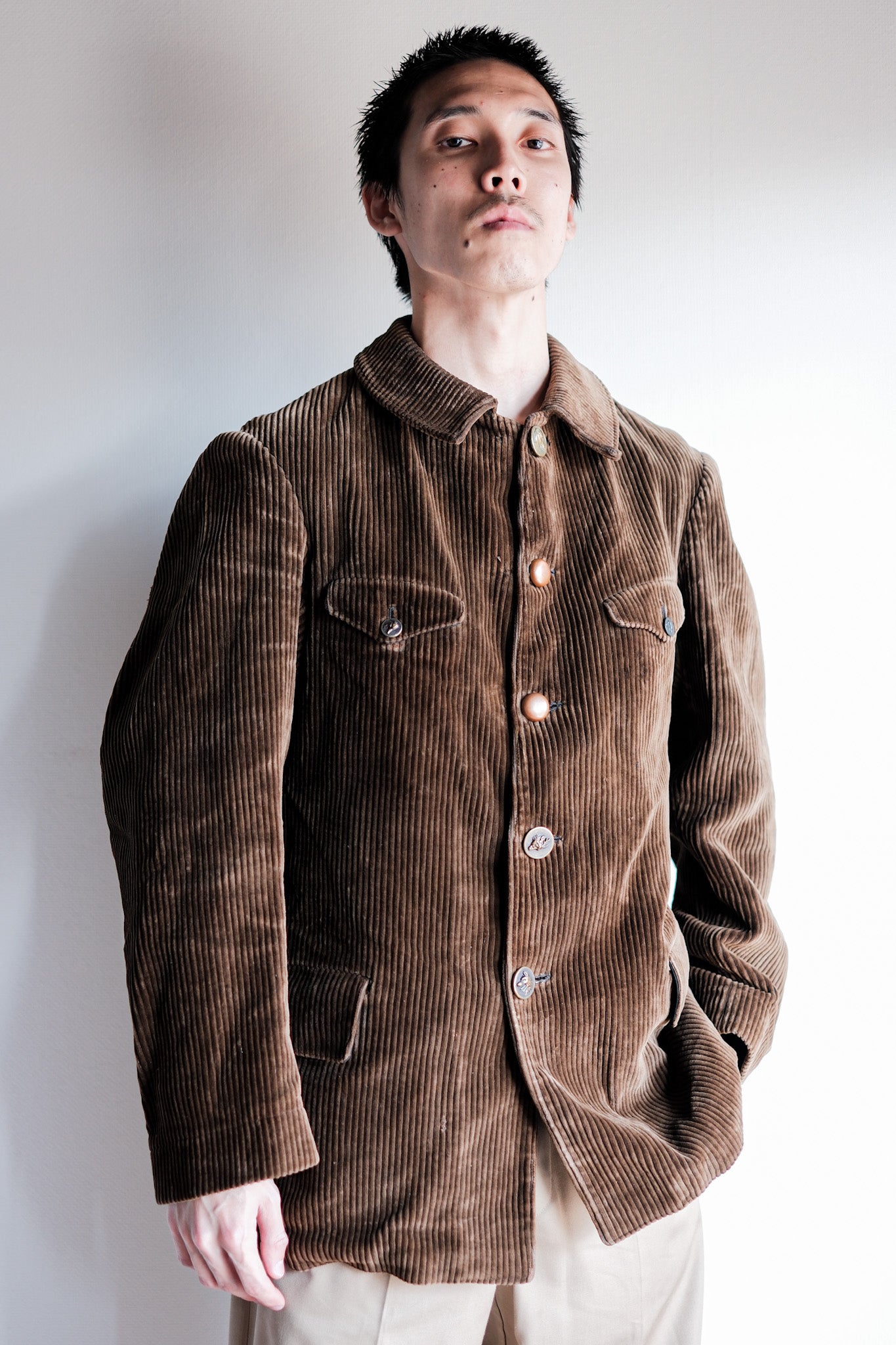 40's】French Vintage Brown Corduroy Gamekeeper Hunting Jacket