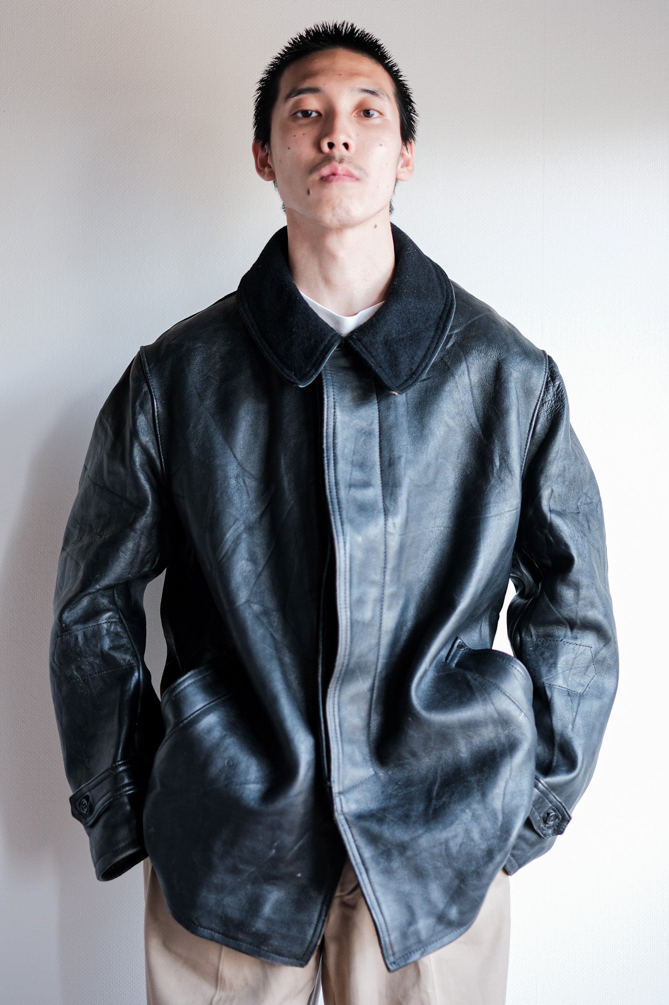 ［~60's］French Vintage Black Leather Work Jacket "Wool Collar"