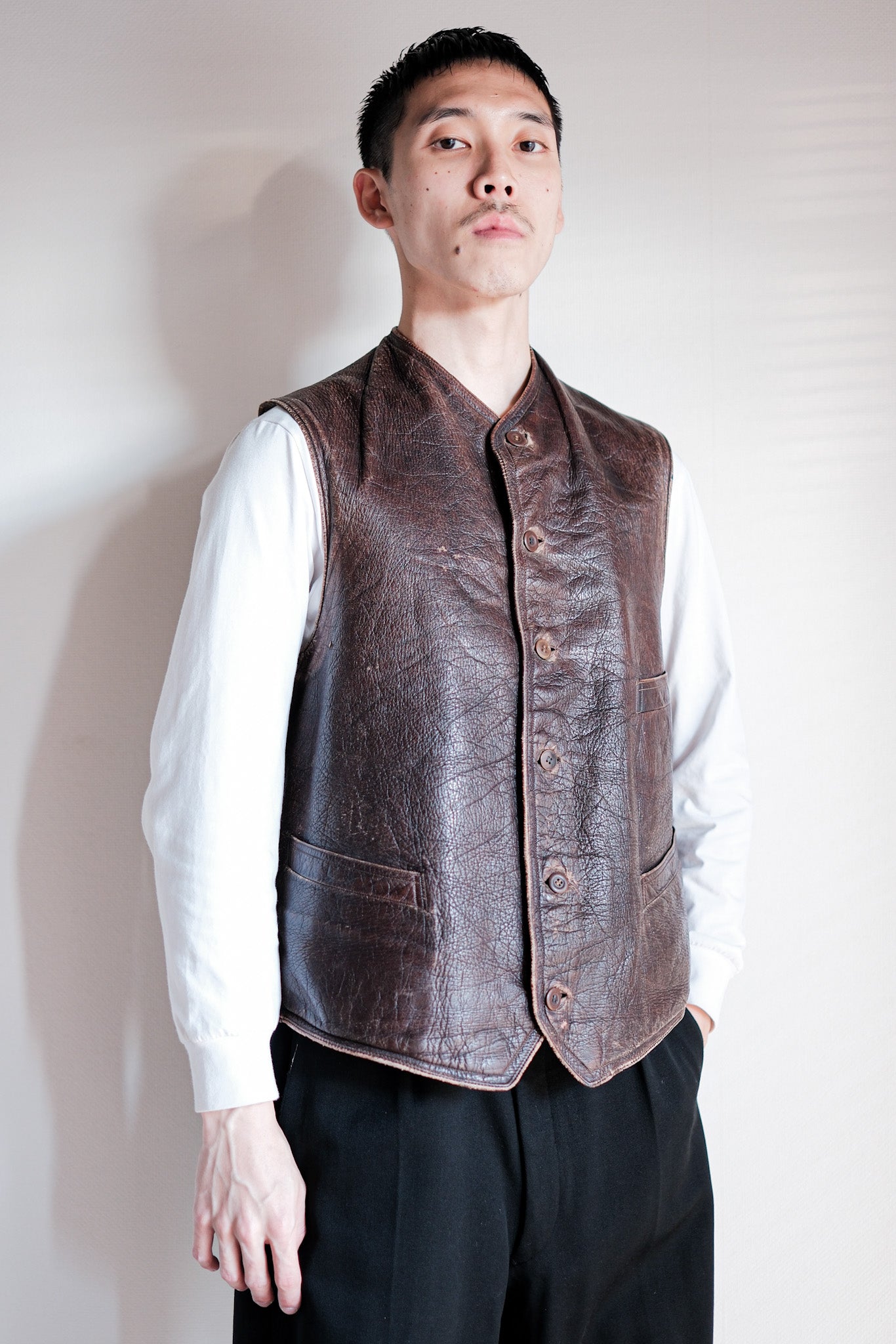 ［~40's］French Vintage Brown Leather Work Gilet