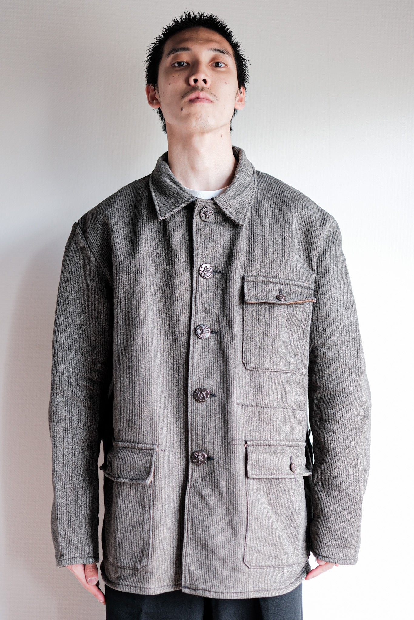 ［~60's］French Vintage Brown Gray Salt & Pepper Cotton Pique Hunting Jacket "Le Mont St. Michel"
