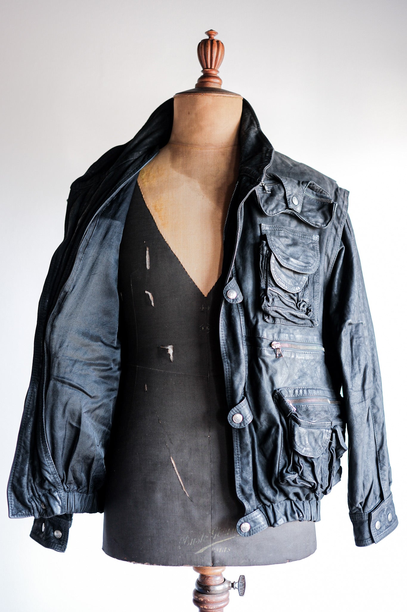 ［~90's］Old Renoma Paris Black Leather Detachable Sleeve Multi Pocket Jacket Size.M