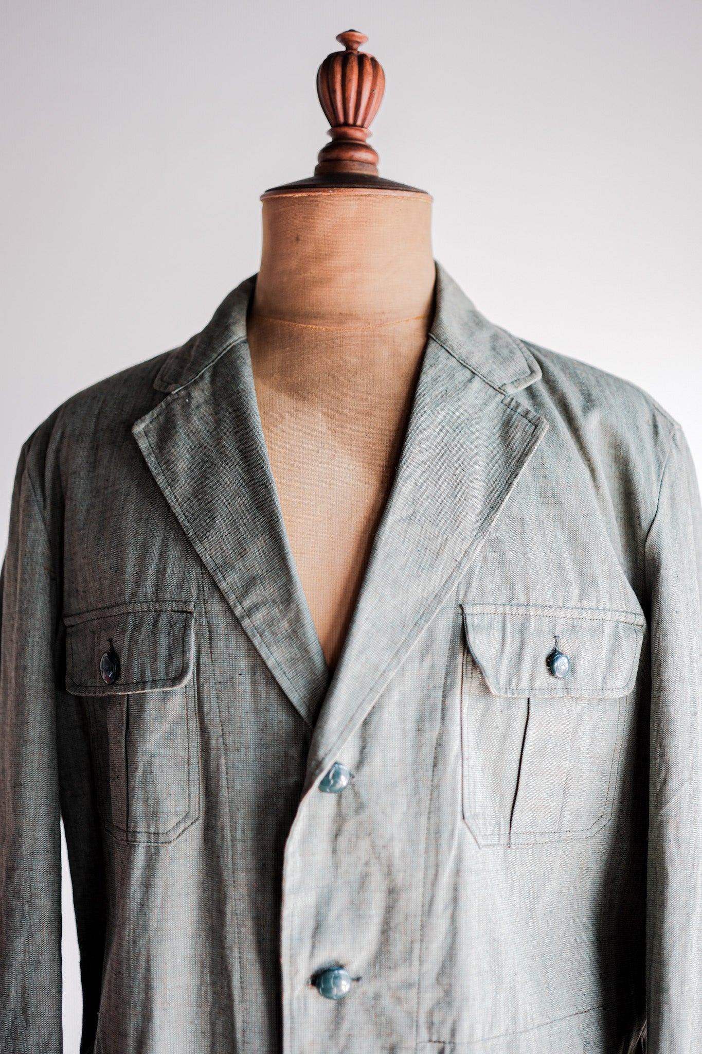 ［~40's］German Vintage Green Chambray 4 Pockets Lapel Work Jacket “Dead Stock”